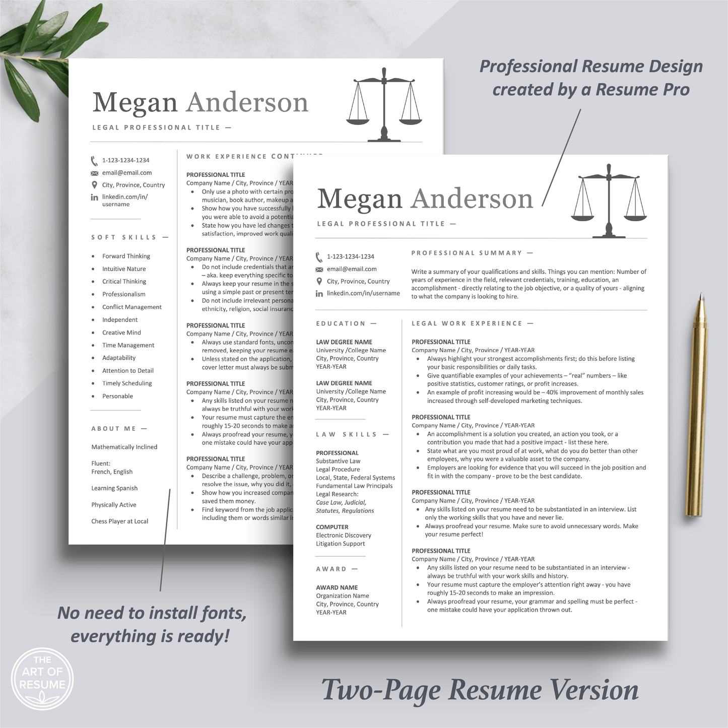 The Art of Resume Templates | Two Page Professional Legal Law Lawyer Executive Resume CV Template | Curriculum Vitae