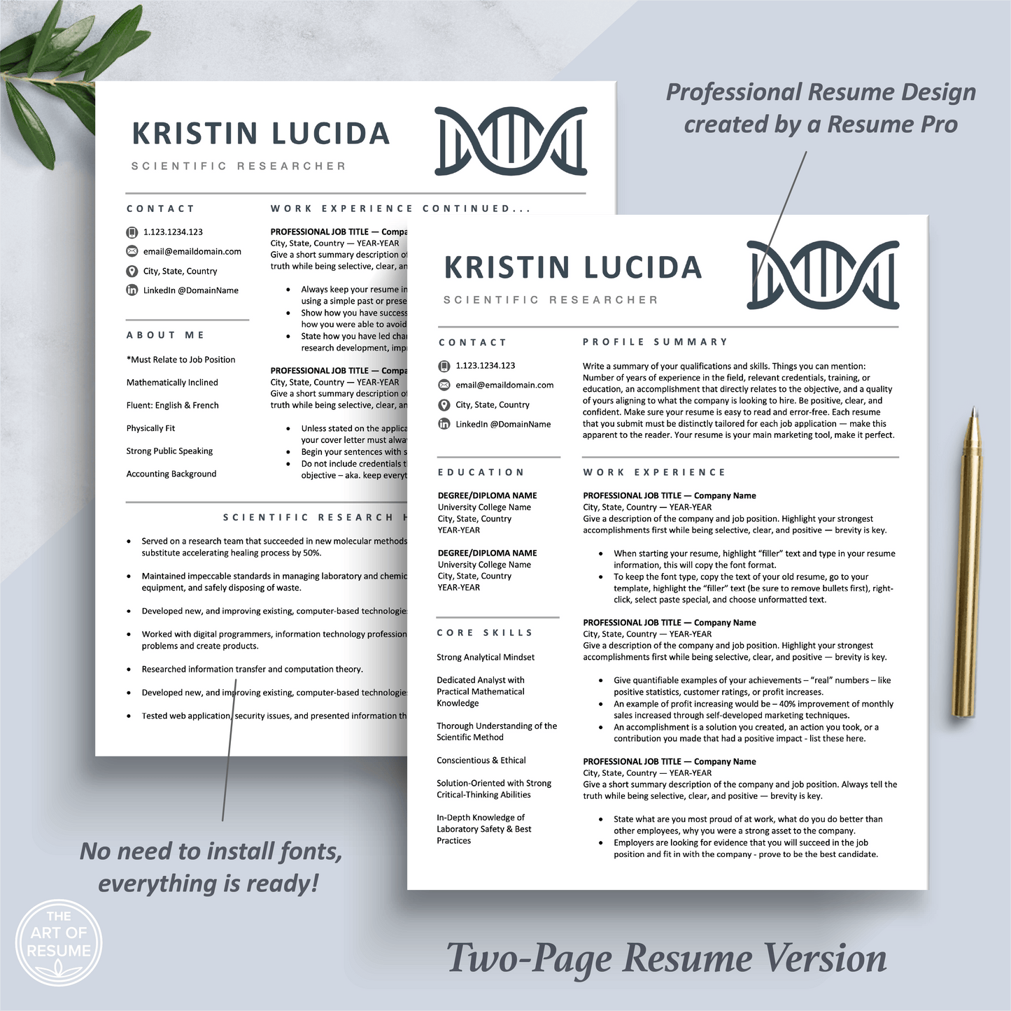 The Art of Resume Templates | Two Page Scientist, Biochemist, Lab Researcher, Student, Teacher DNA Helix Executive Resume CV Template | Curriculum Vitae