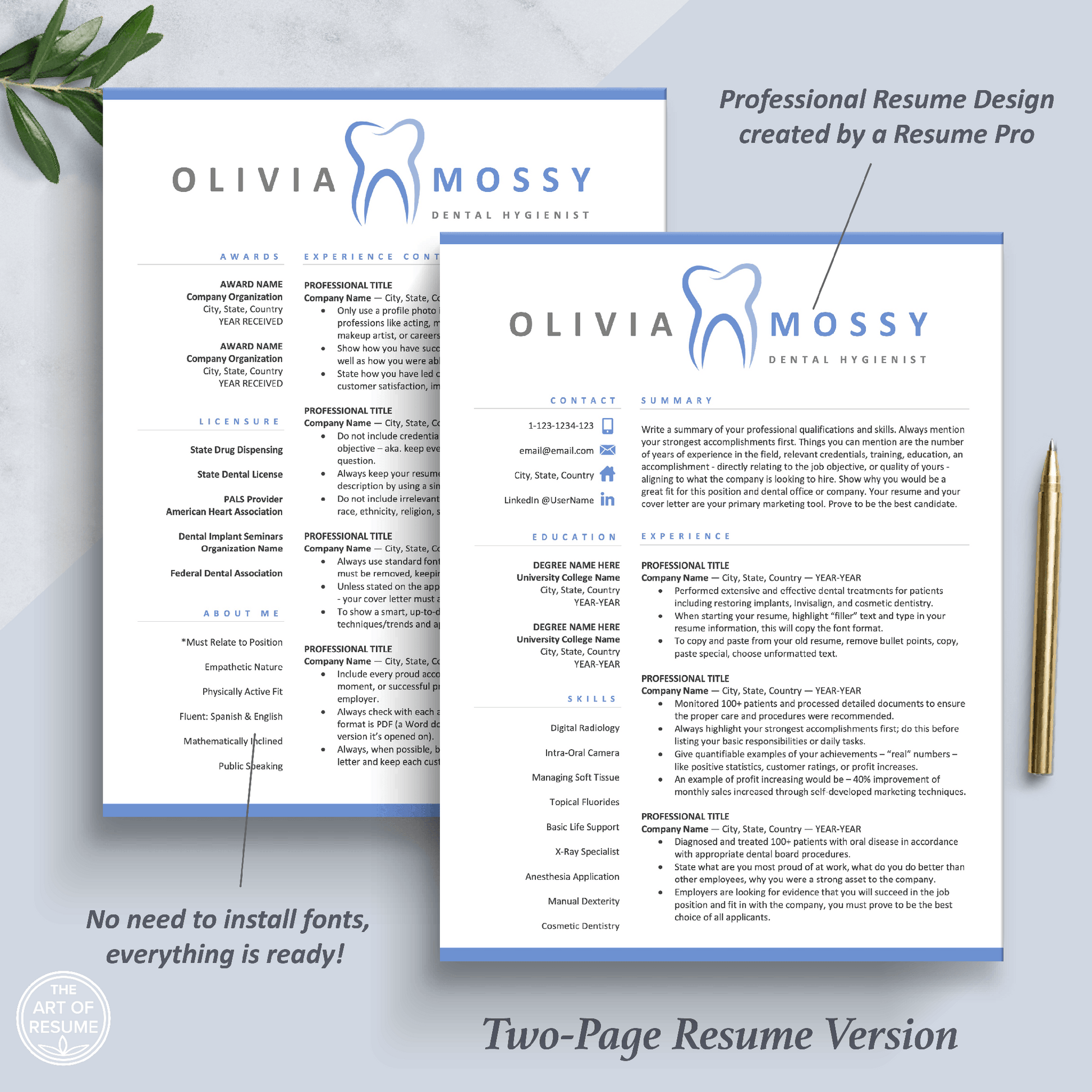 The Art of Resume Templates | Two Page Dentist, Hygienist, Dental Student, Assistant Executive Resume CV Template | Curriculum Vitae
