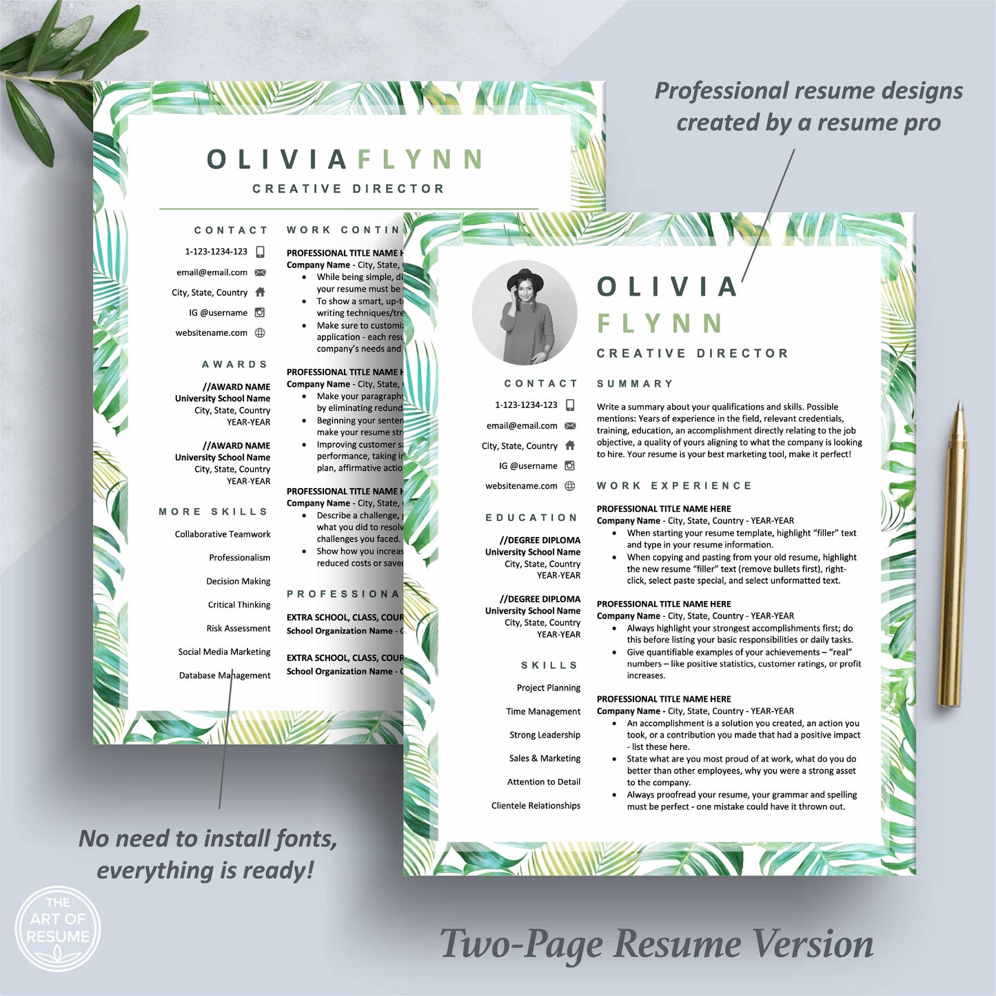 The Art of Resume Templates | Two Page Creative Tropical Green Executive Resume CV Template | Curriculum Vitae