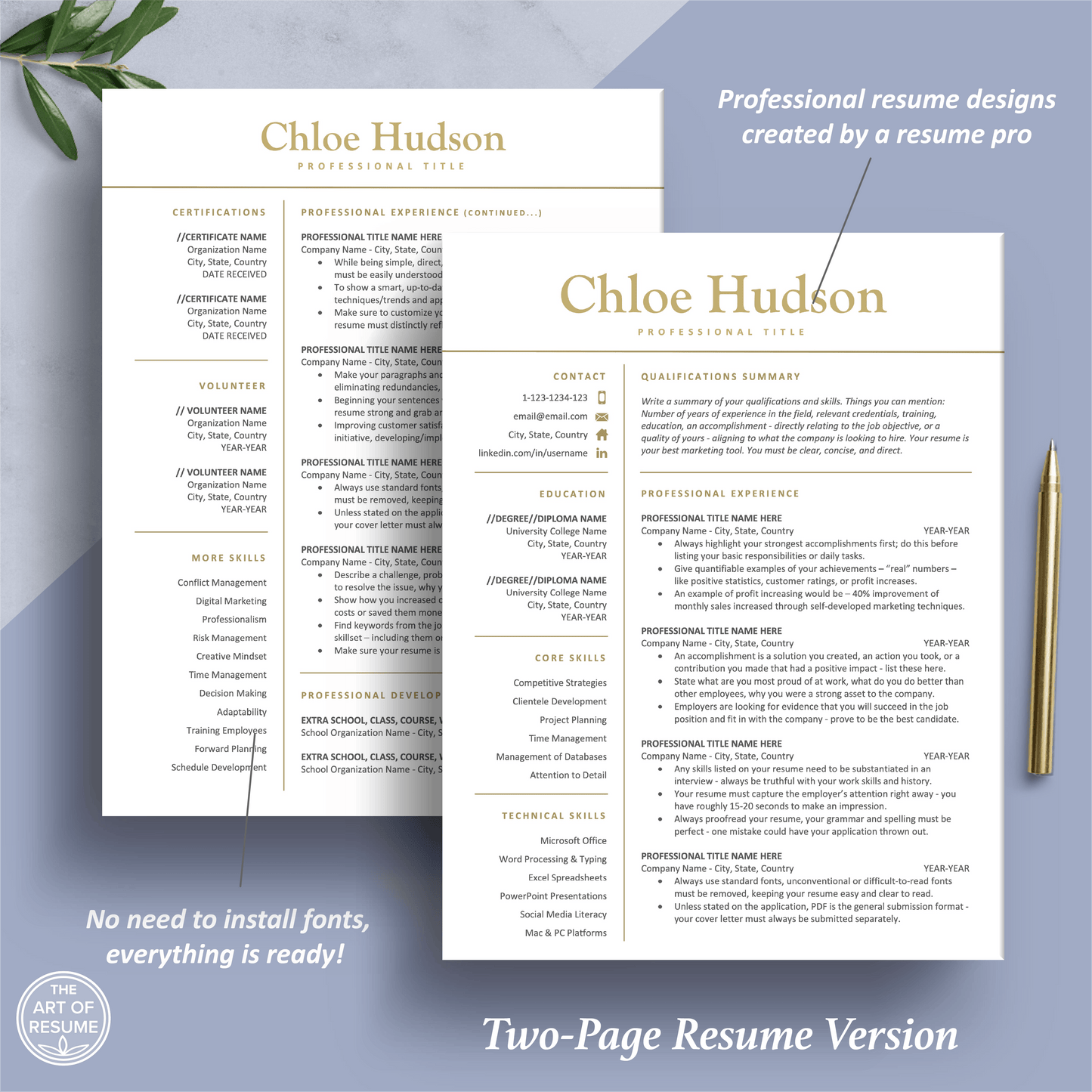 The Art of Resume Templates | Two Page Professional Simple Executive Resume CV Template | Curriculum Vitae