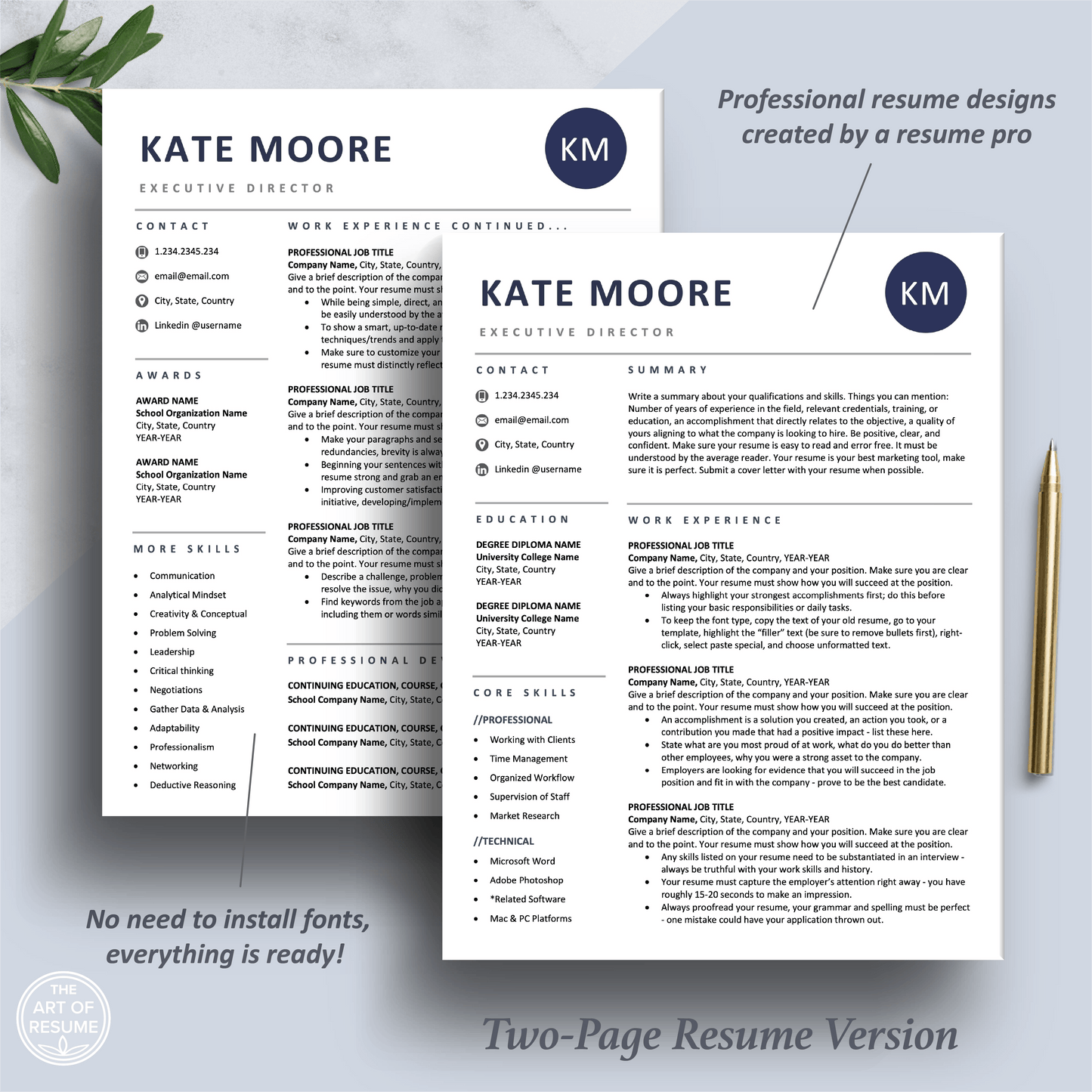 Professional Resume Template | Navy Blue CV Template Design - The Art of Resume