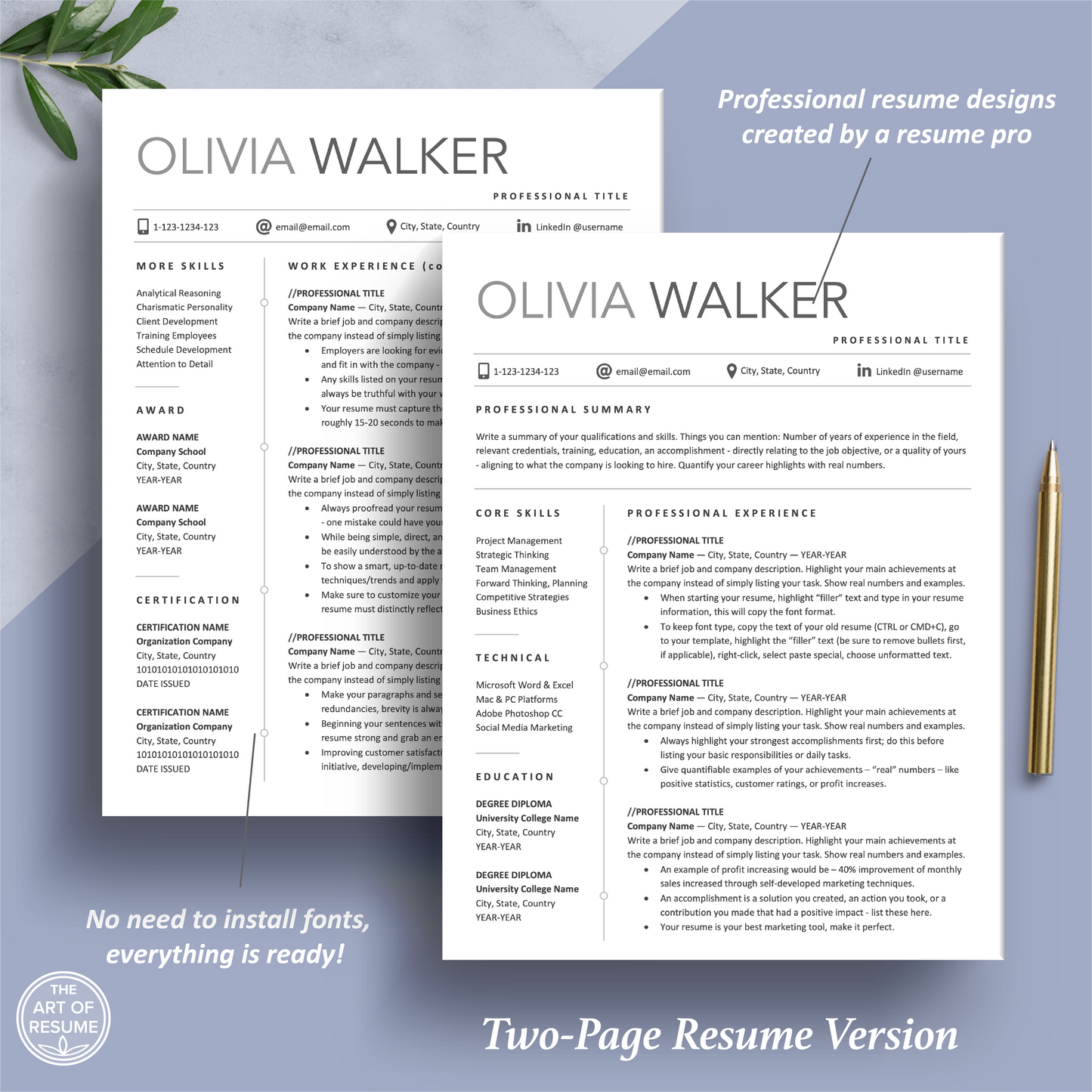 The Art of Resume Templates | Two Page Professional Simple Executive Resume CV Template | Curriculum Vitae