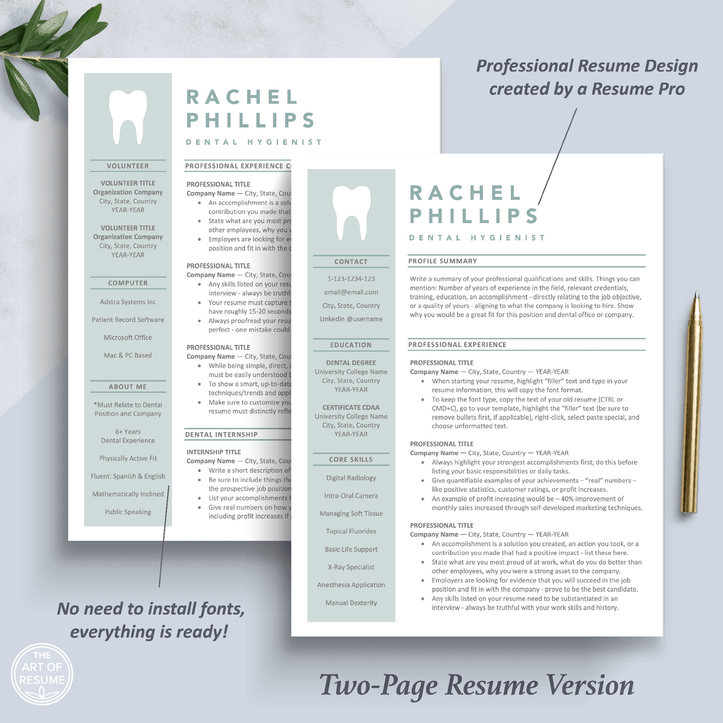 The Art of Resume Templates | Two Page Dentist, Hygienist, Dental Student, Assistant Executive Resume CV Template | Curriculum Vitae