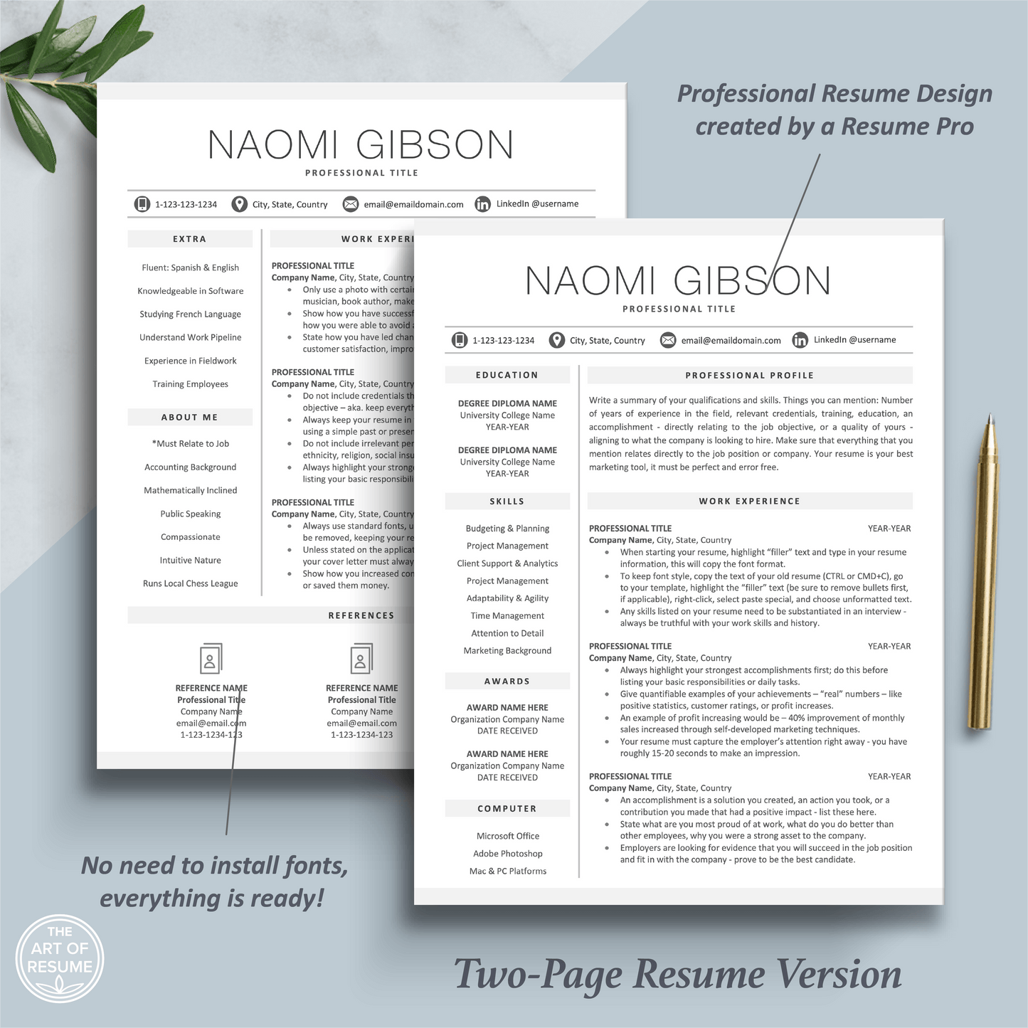 The Art of Resume Templates | Two Page Professional Minimalist Simple Executive Resume CV Template | Curriculum Vitae