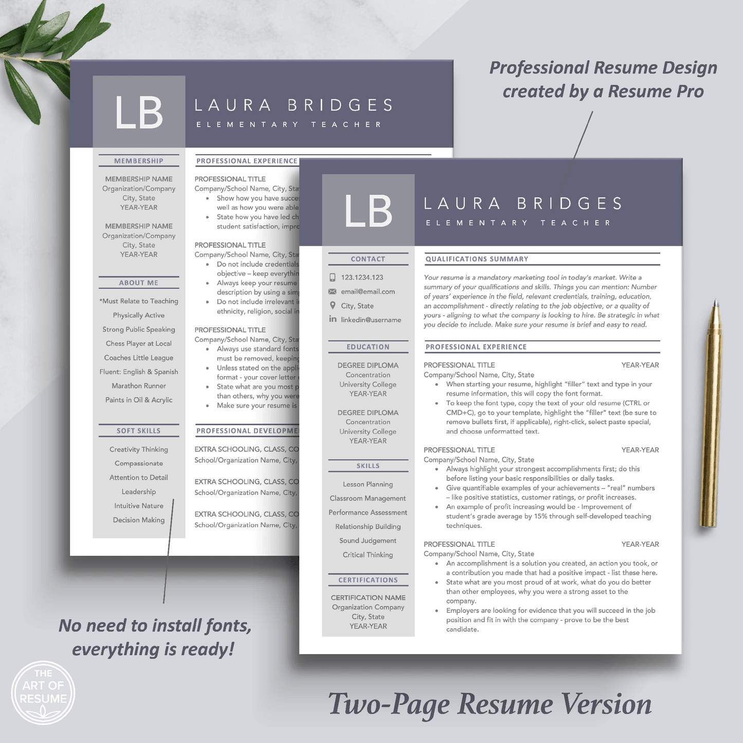 The Art of Resume Templates | Two Page Professional Purple Executive Resume CV Template | Curriculum Vitae