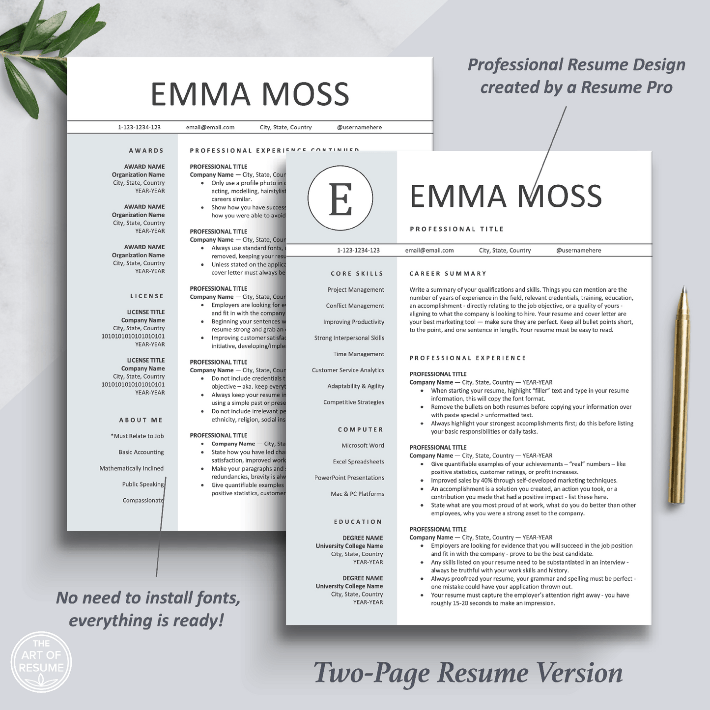The Art of Resume Templates | Two Page Professional Blue Executive Resume CV Template | Curriculum Vitae