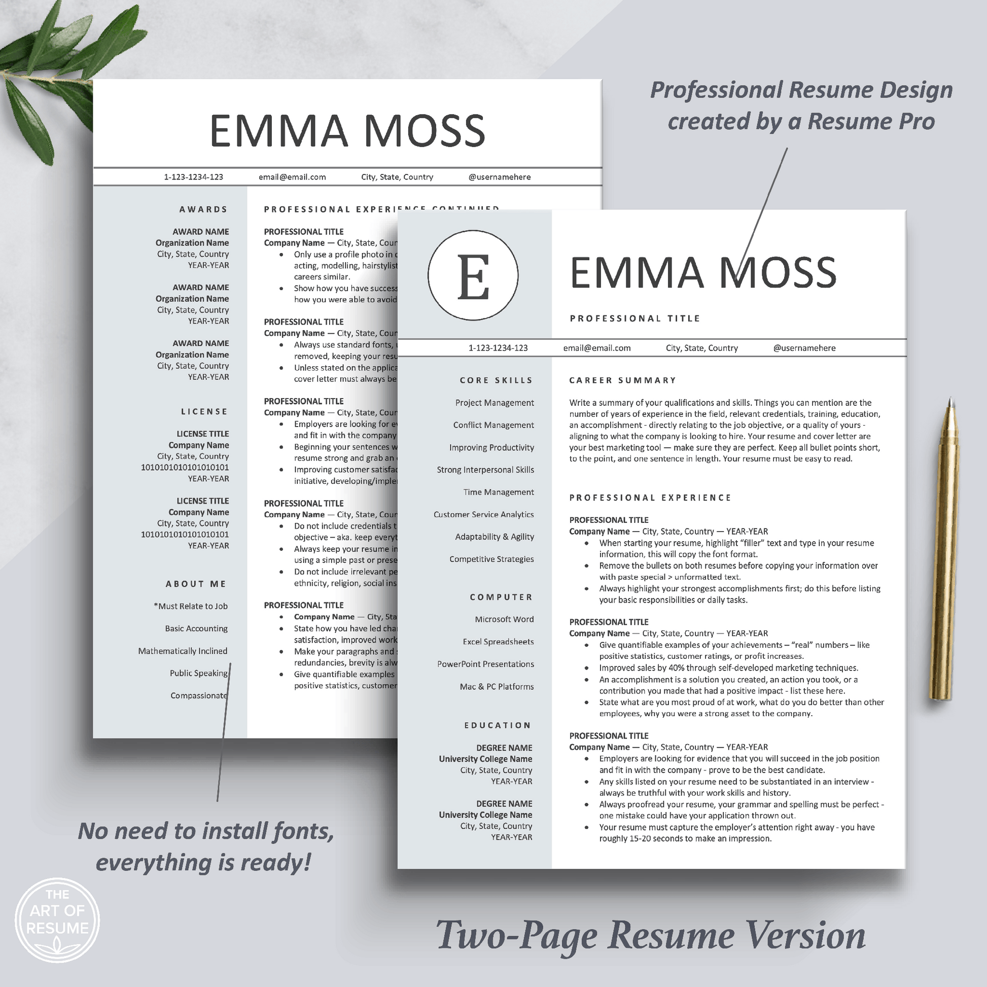 The Art of Resume Templates | Two Page Professional Blue  Executive Resume CV Template | Curriculum Vitae