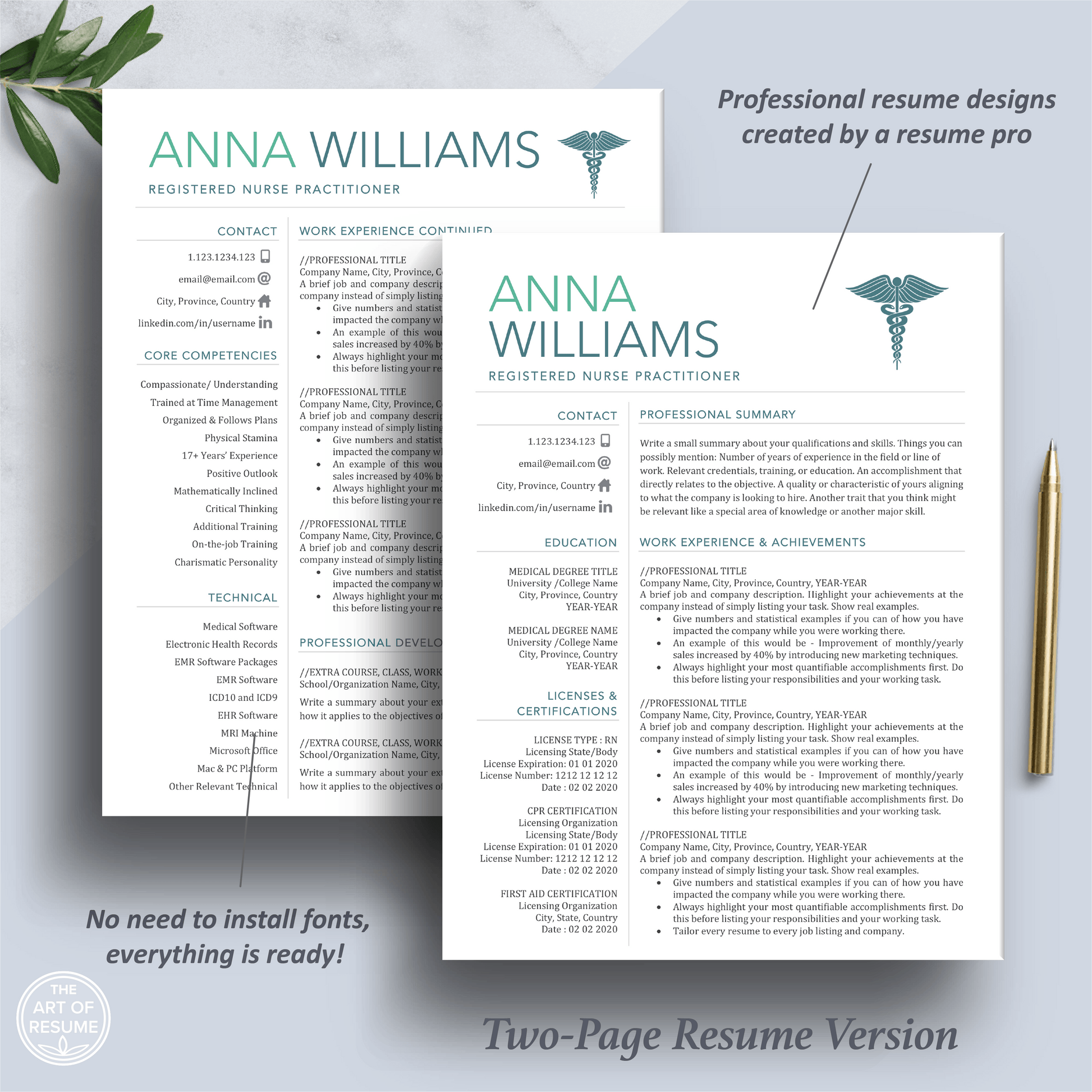 RN Nurse Resume Template | Medical CV | Nursing Student Curriculum Vitae - The Art of Resume