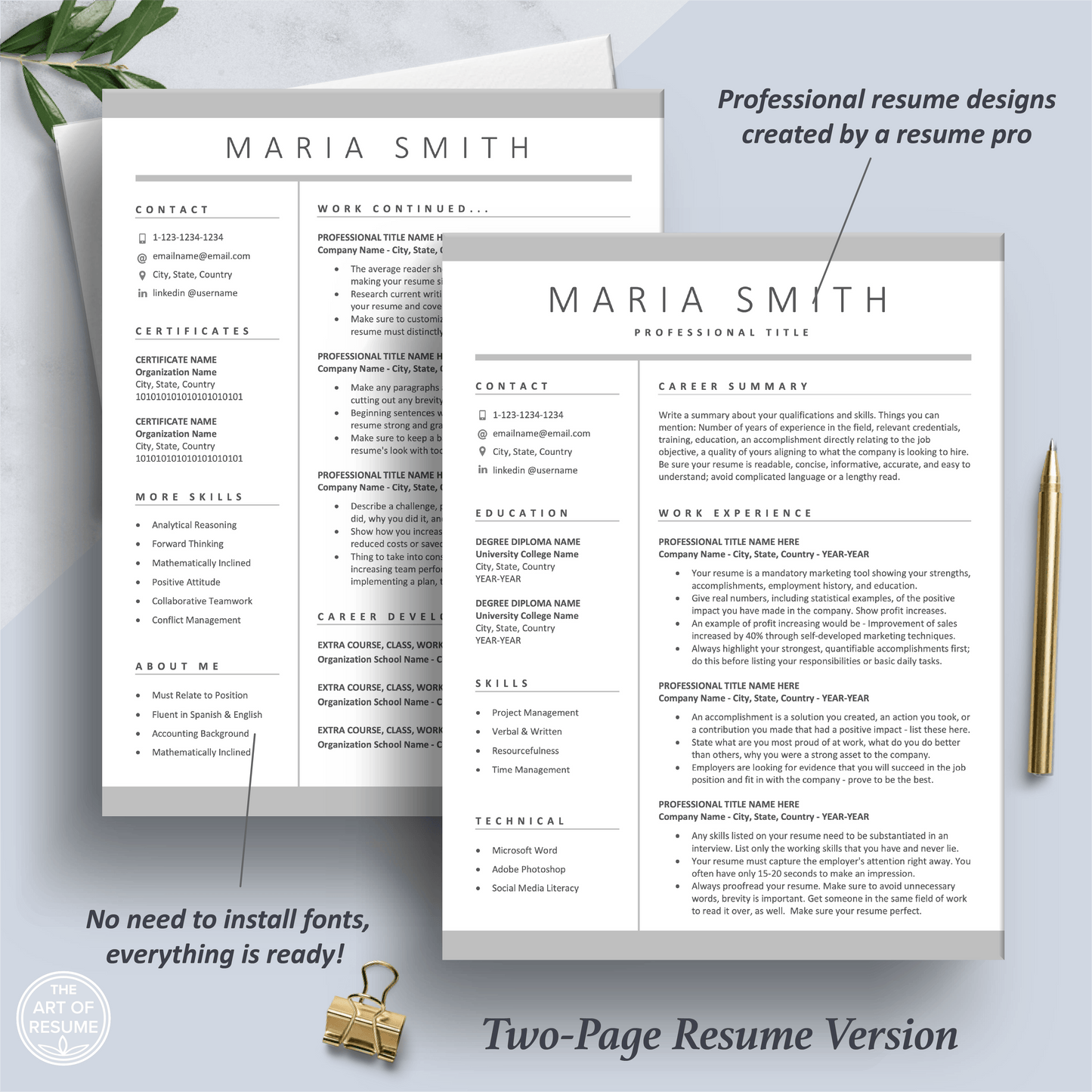 The Art of Resume Templates | Two Page Professional Simple Executive Resume CV Template | Curriculum Vitae