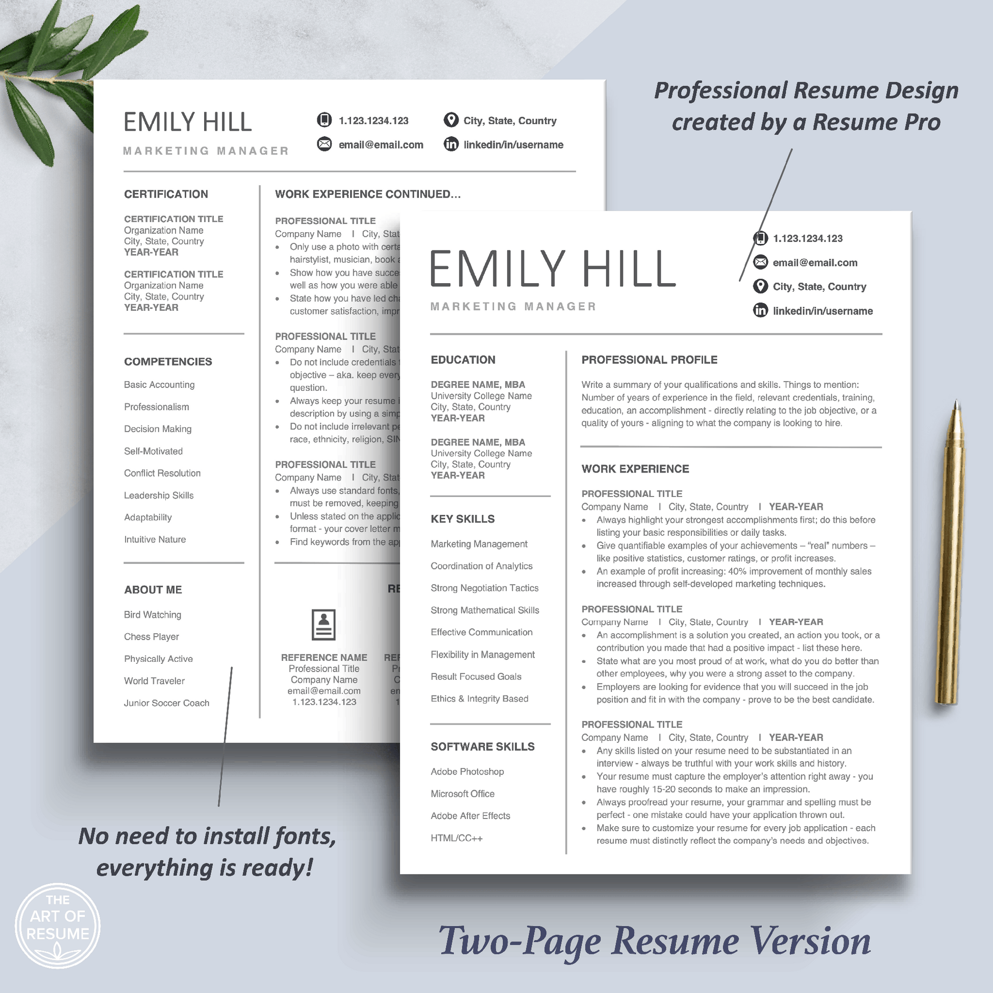 2-Page Modern Resume Design Template Bundle, Instant Download Bundle for Google Docs, Apple Pages, Microsoft Word, Mac and PC