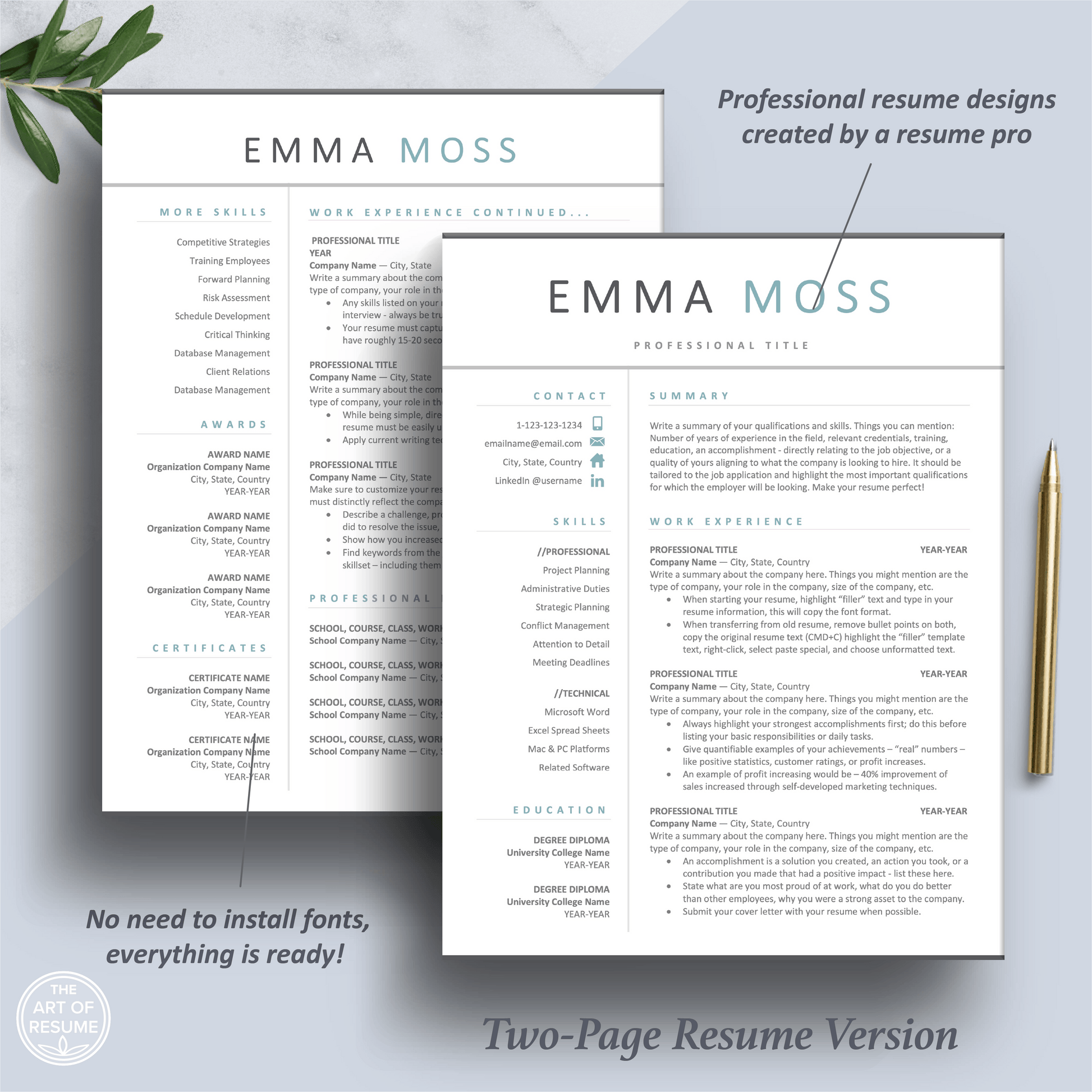 Professional Resume Designs | Matching Cover Letter | Free Resume Writing Guide - The Art of Resume