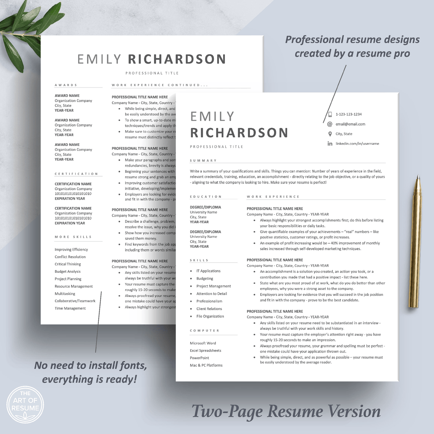 Simple Resume Template | Modern Curriculum Vitae | Executive CV Template - The Art of Resume