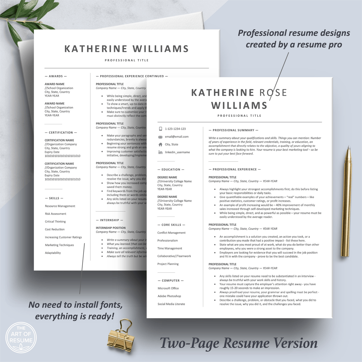 Professional Resume Design | Executive Resume Format | Free Cover Letter - The Art of Resume