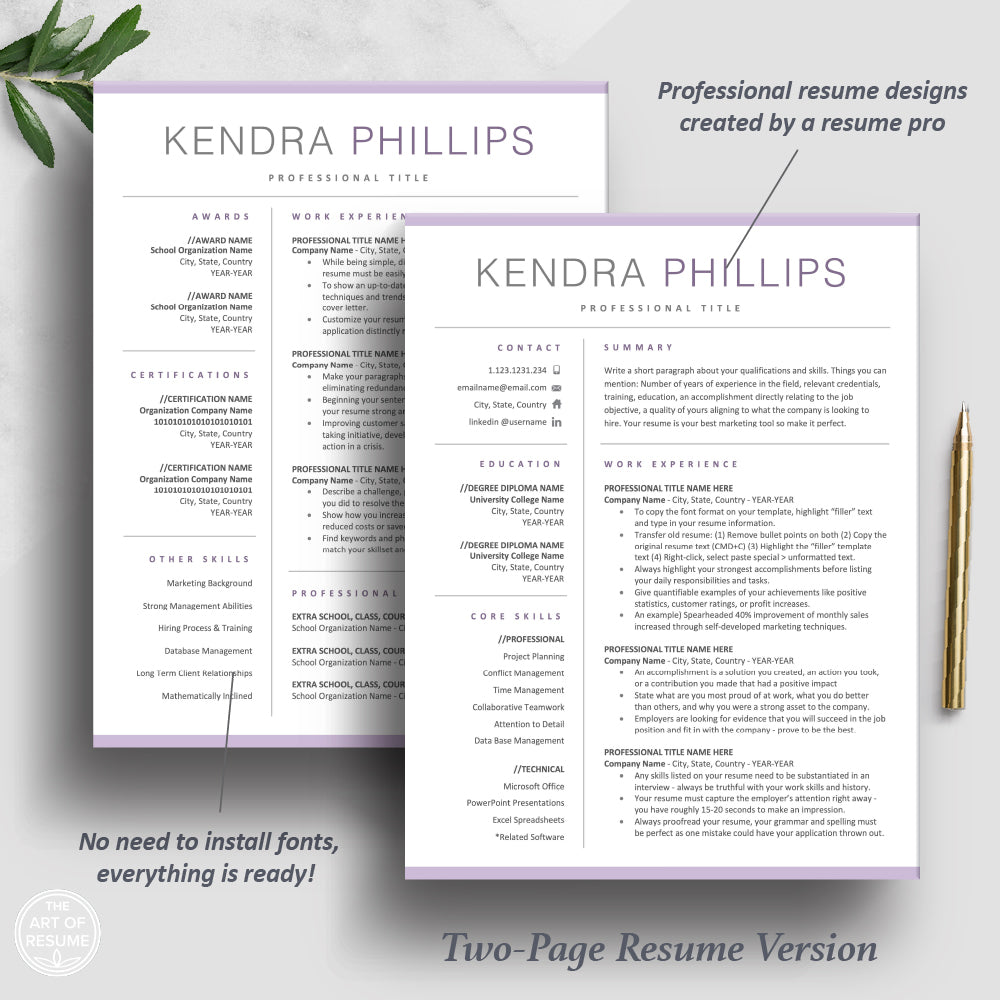 The Art of Resume | Pink Purple Professional Resume Template Design Bundle 2 Page Format