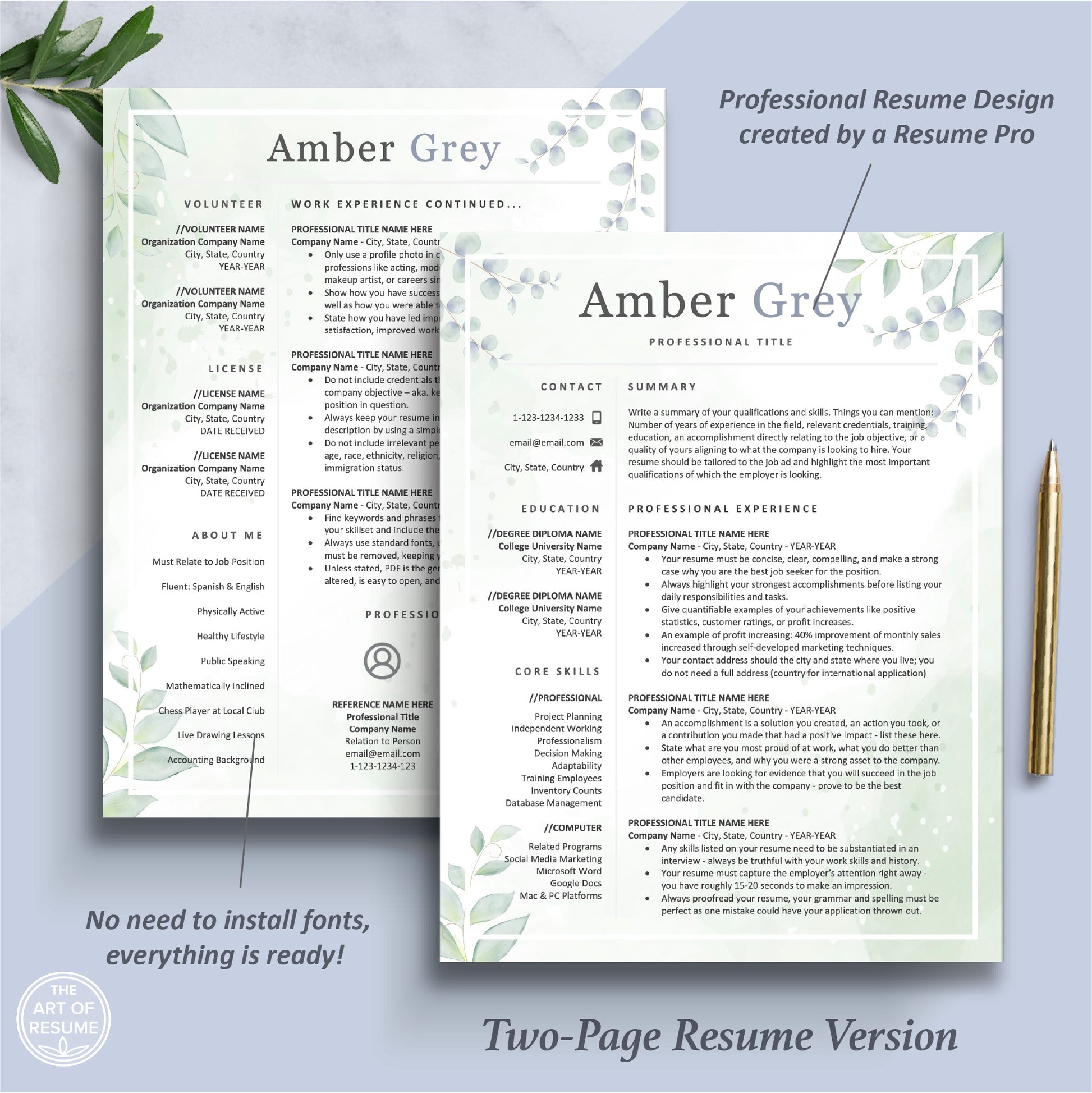 The Art of Resume | Creative Floral Resume Cv Template Design Bundle | 2 Page Resume Template Format