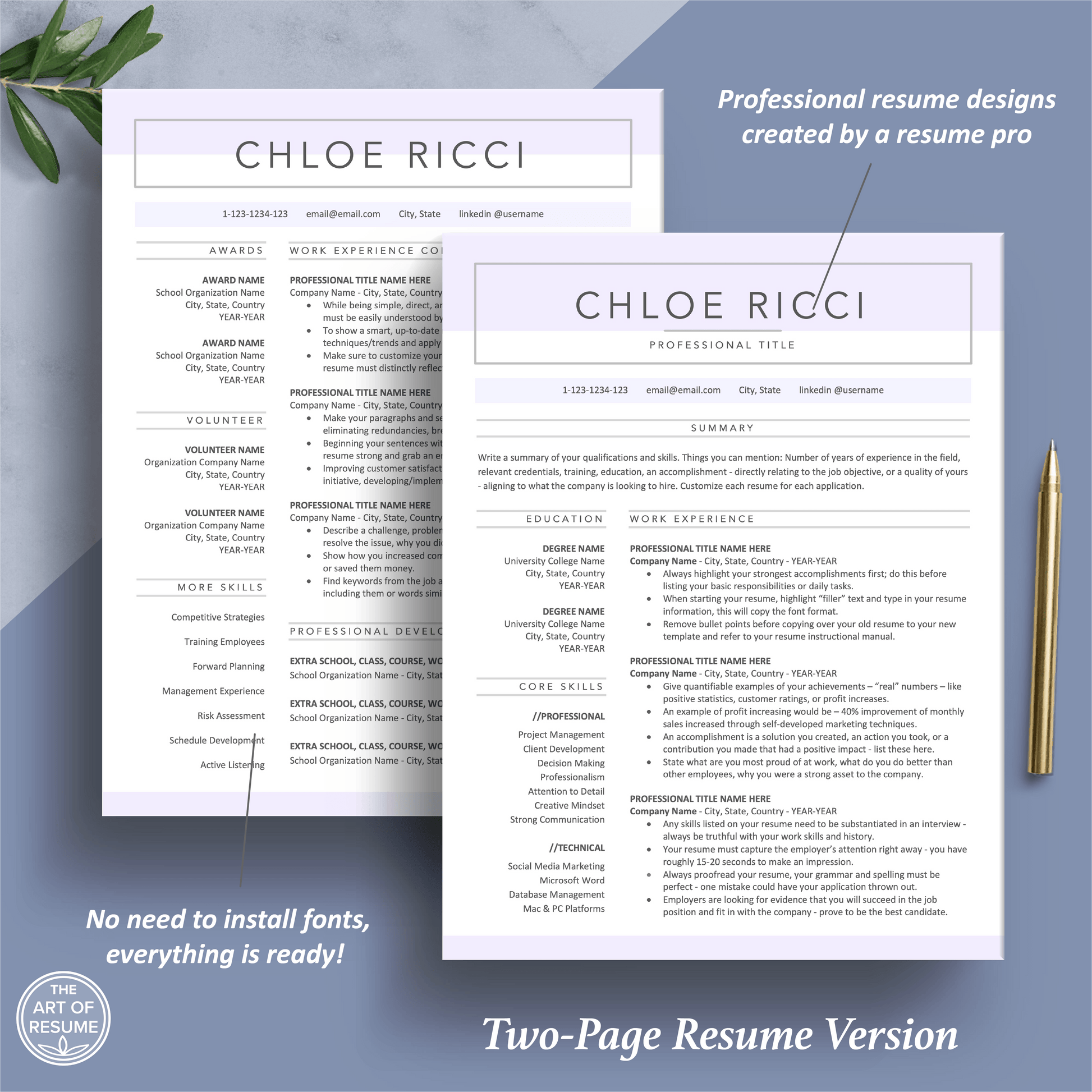 The Art of Resume Templates | Two Page Professional Simple Pink Blue Executive Resume CV Template | Curriculum Vitae