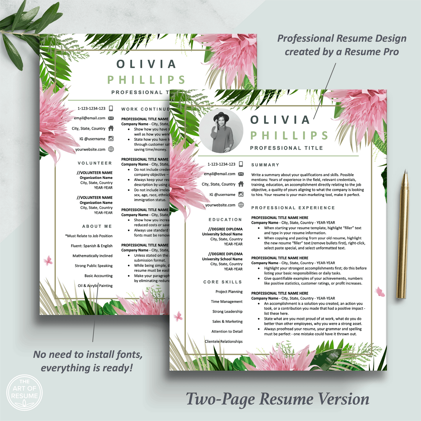 The Art of Resume Templates | Two-Page Creative Pink Floral Executive Resume CV Template | Curriculum Vitae