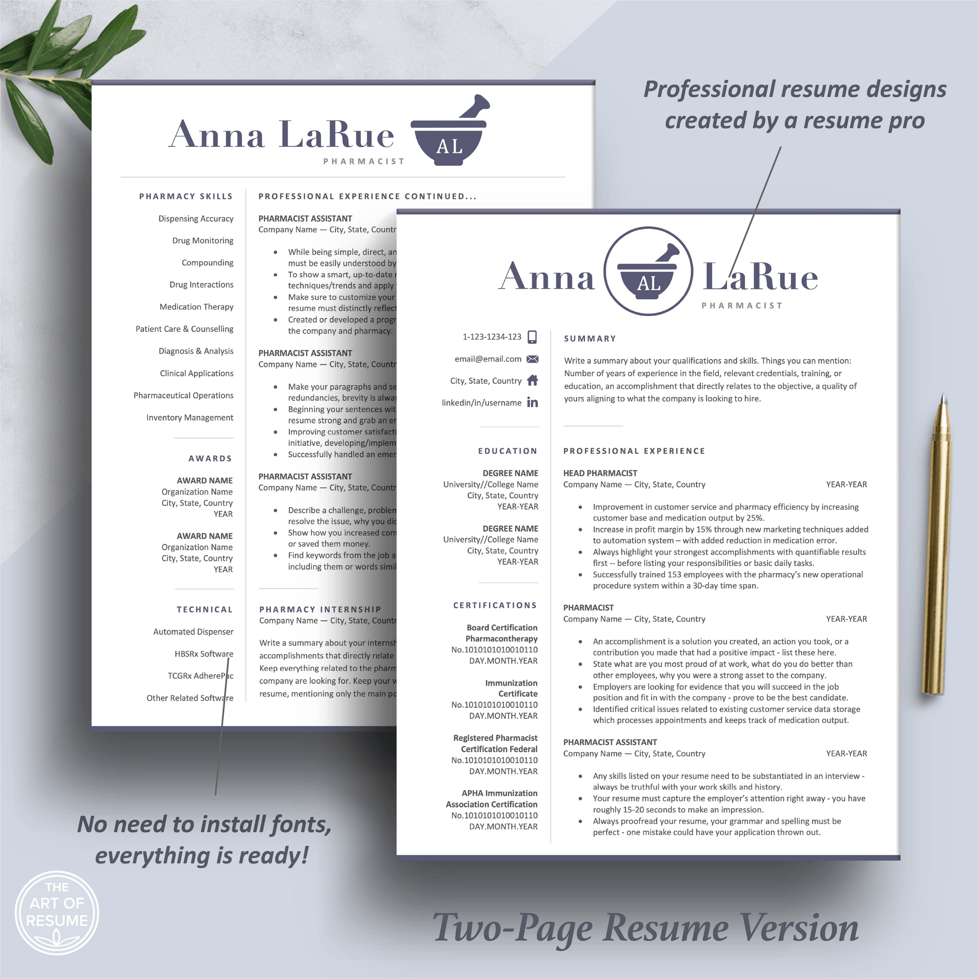 Pharmacist Resume Design | Pharmacy CV Template | Cover Letter - The Art of Resume