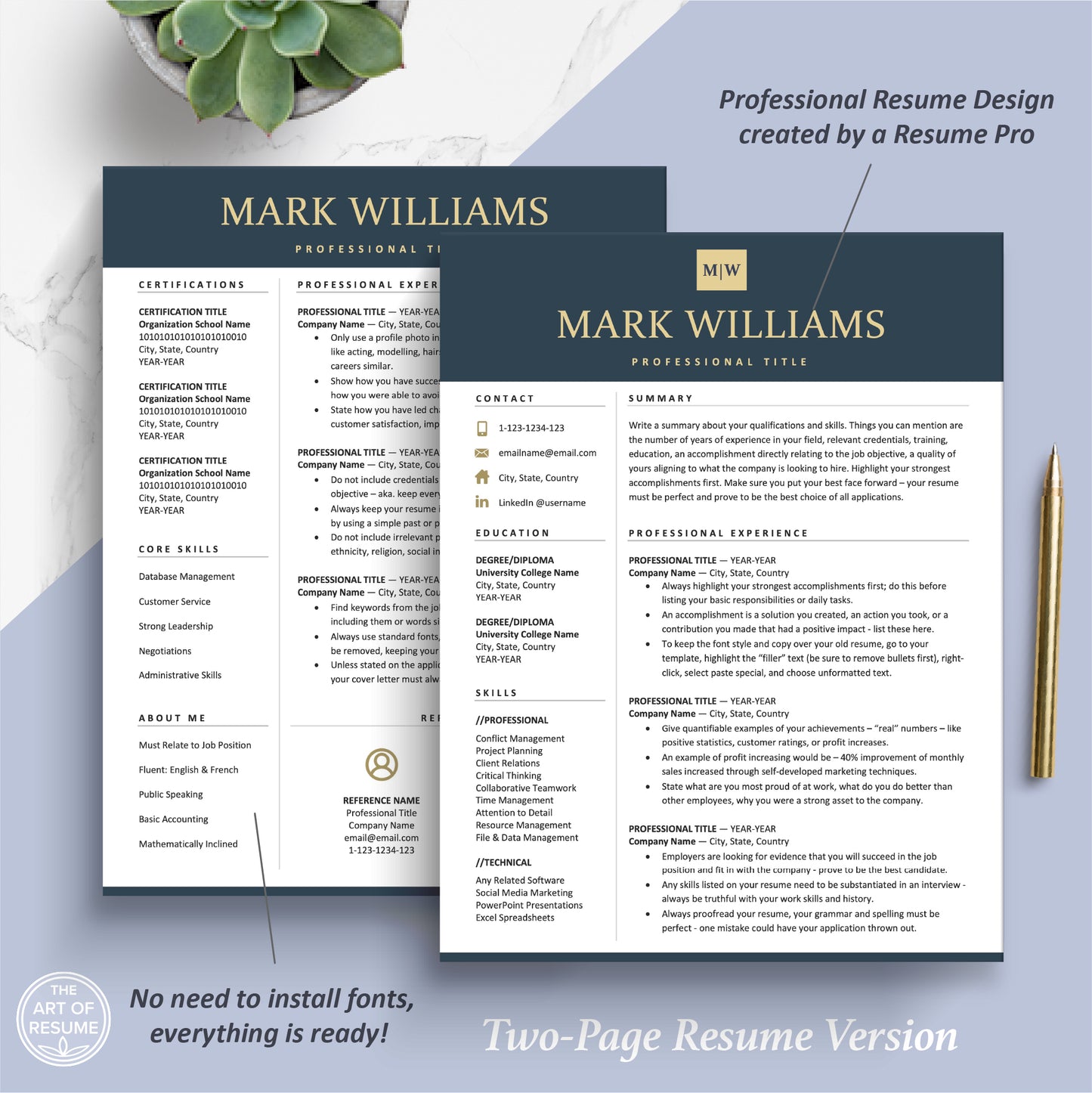 The Art of Resume Templates | Two Page Professional Modern Executive Resume CV Template | Curriculum Vitae