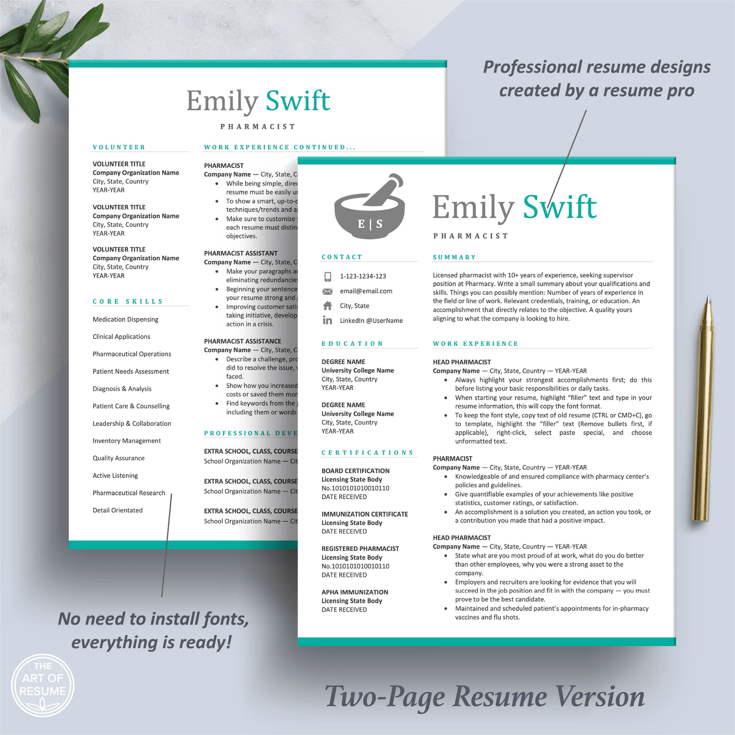 Pharmacist Resume | Pharmacy Template | Medical Physician CV Cover Letter - The Art of Resume