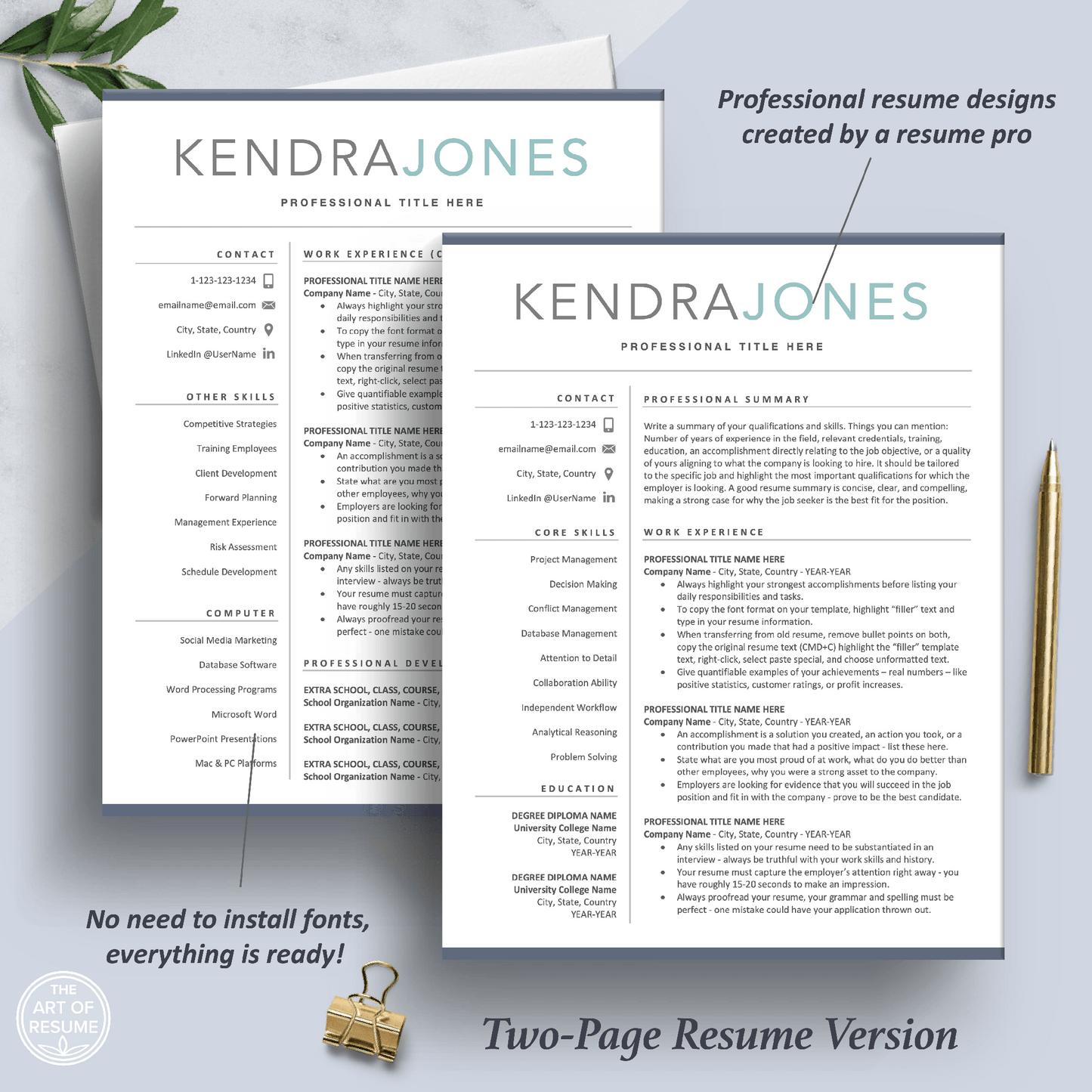 Modern Resume Template | Professional CV | Free Cover Letter - The Art of Resume