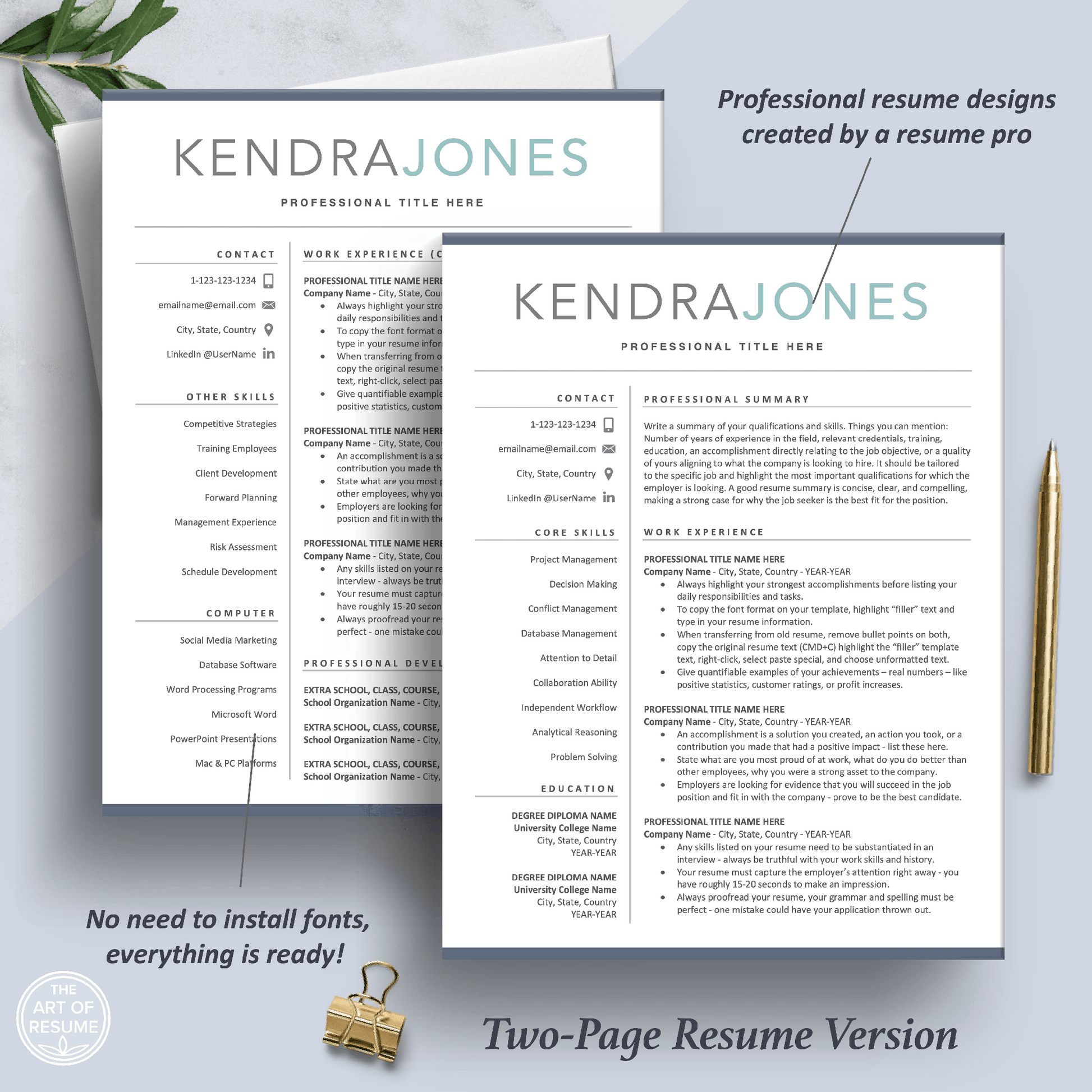 Modern Resume Template | Professional CV | Free Cover Letter - The Art of Resume