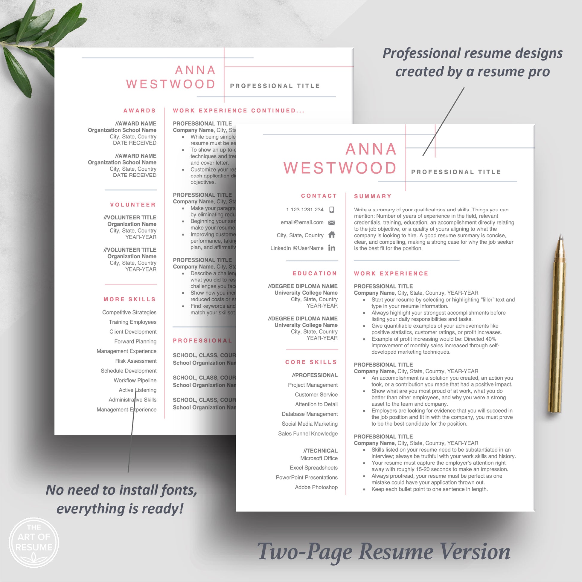 The Art of Resume | Professional Pink Resume Template Bundle | 2 Page Resume Format