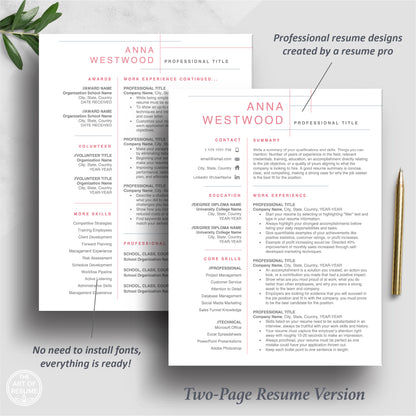 The Art of Resume | Professional Pink Resume Template Bundle | 2 Page Resume Format