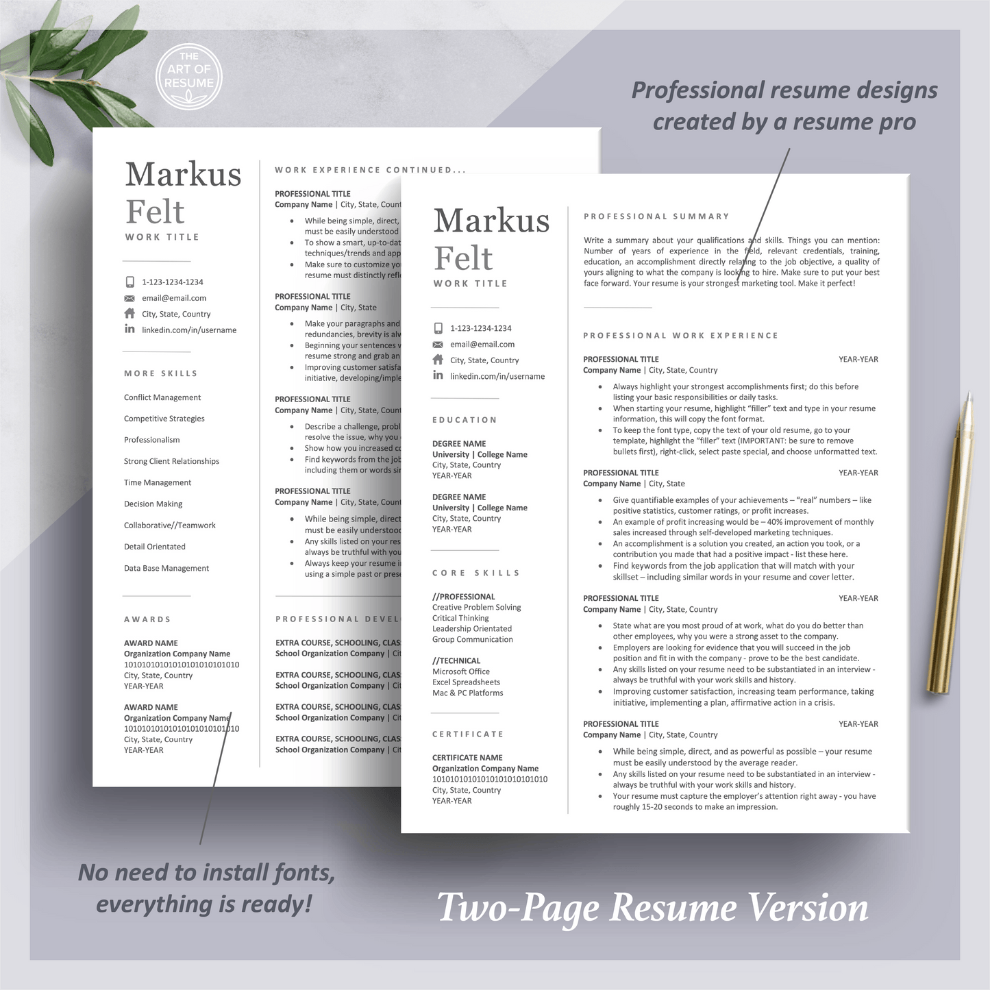 The Art of Resume Templates | Three-Page Professional Simple Executive C-Suite Level Resume CV Template Format | Curriculum Vitae