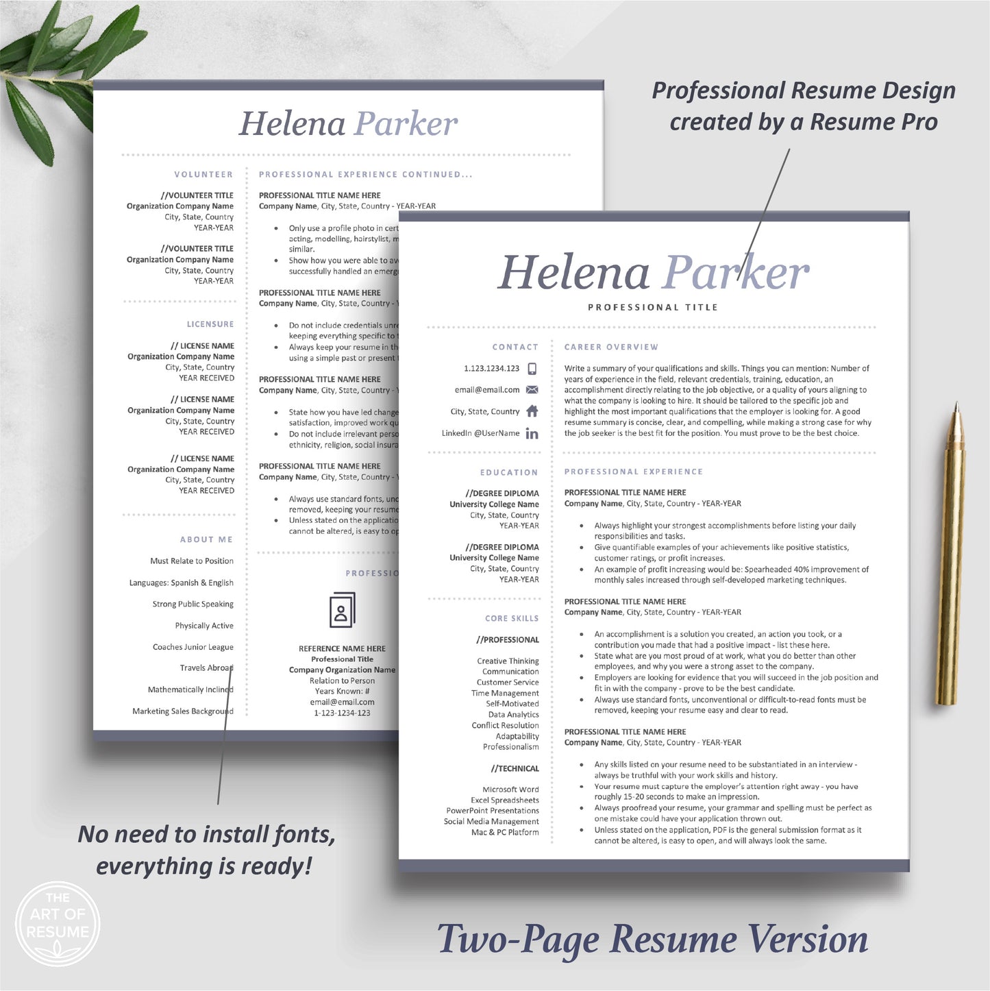 The Art of Resume Templates | Two Page Professional Executive Resume CV Template | Curriculum Vitae