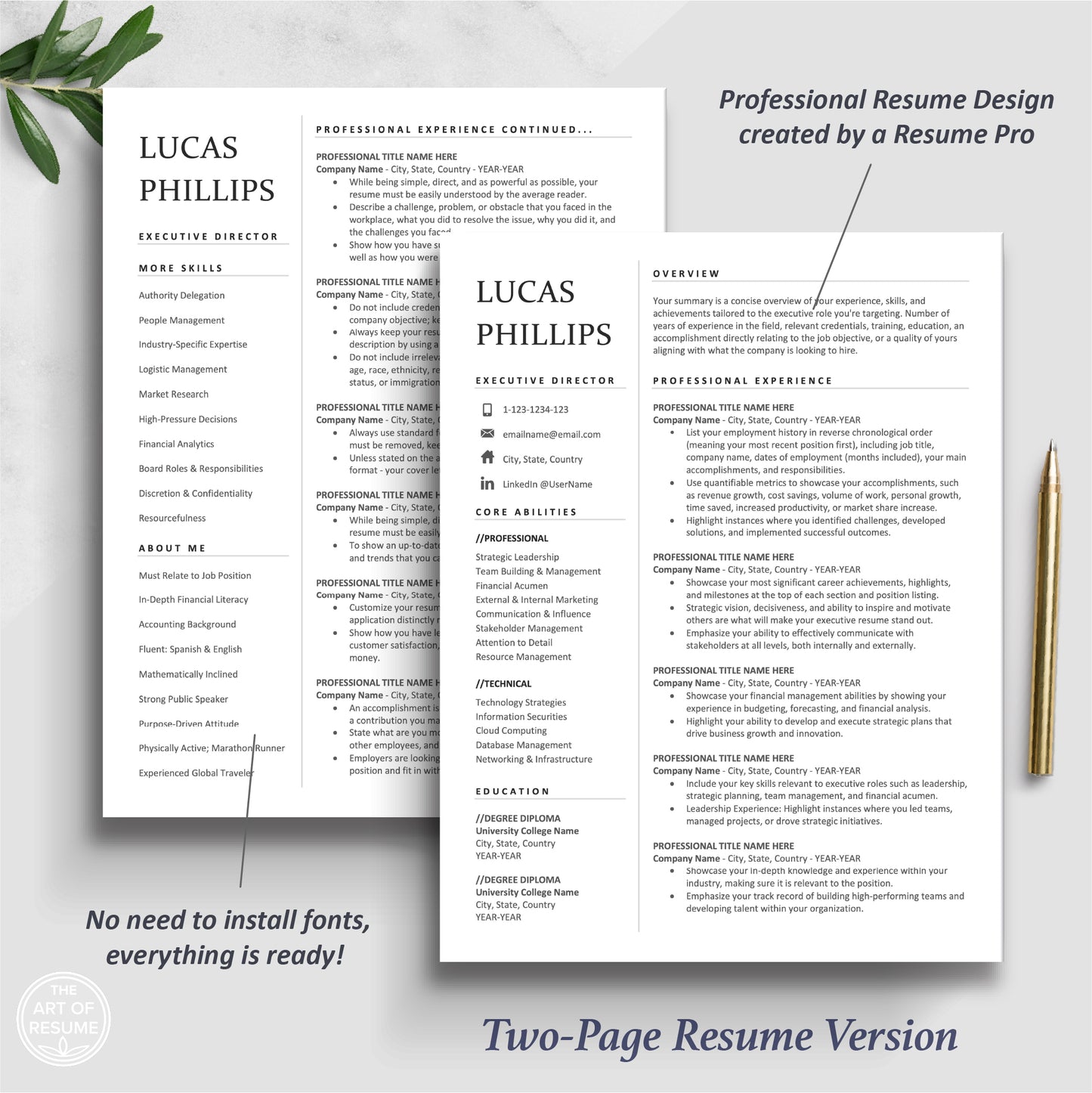 The Art of Resume | Simple Executive Resume Template Design | 2 Page Resume Format