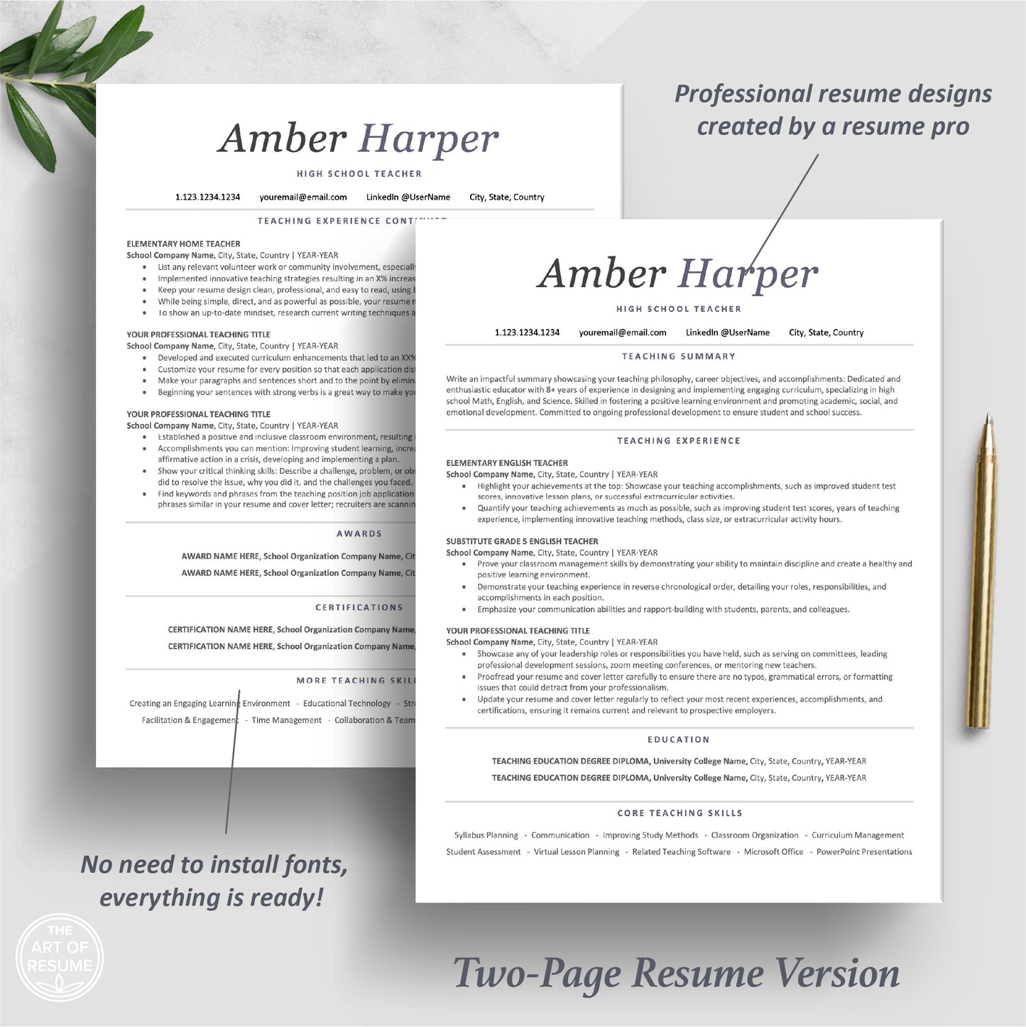 The Art of Resume Templates | Two Page ATS-Friendly Teacher Educator Executive Resume CV Template | Curriculum Vitae