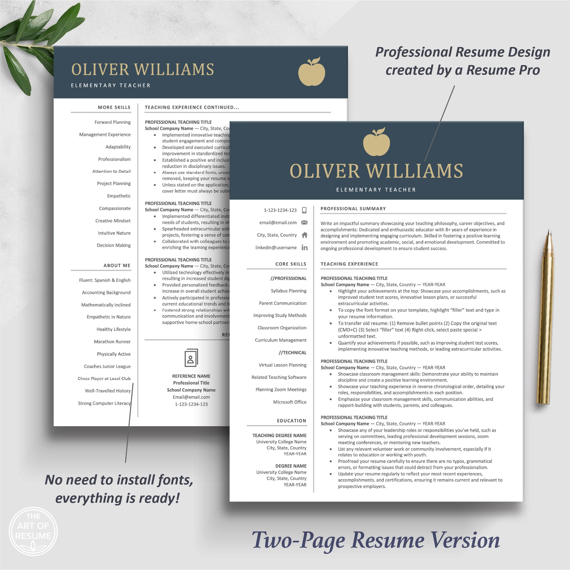 The Art of Resume | Navy Blue Teacher Teaching Resume CV Template | 2 Page Resume Format