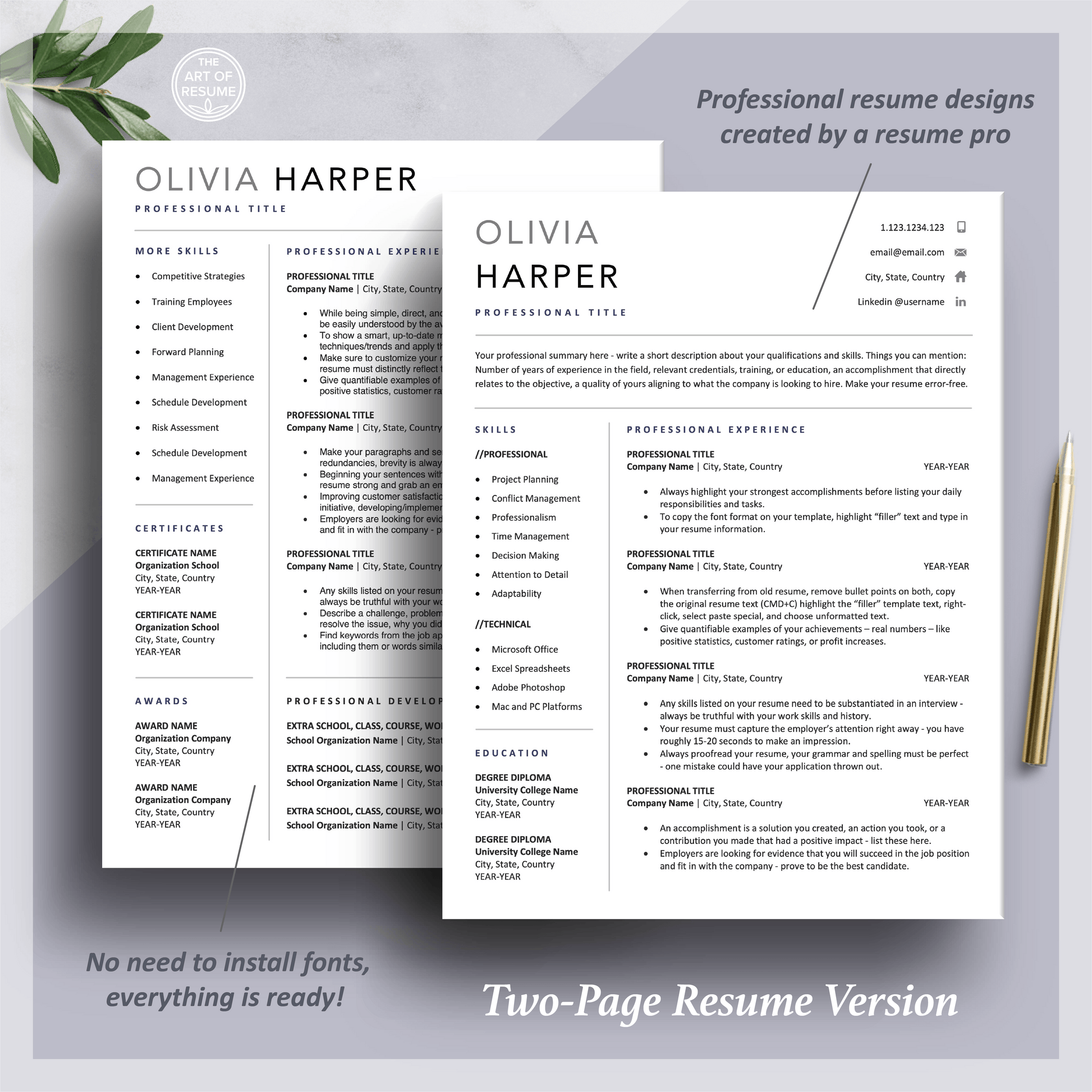 Executive Resume Template | Simple Professional CV Template | Free Cover Letter - The Art of Resume