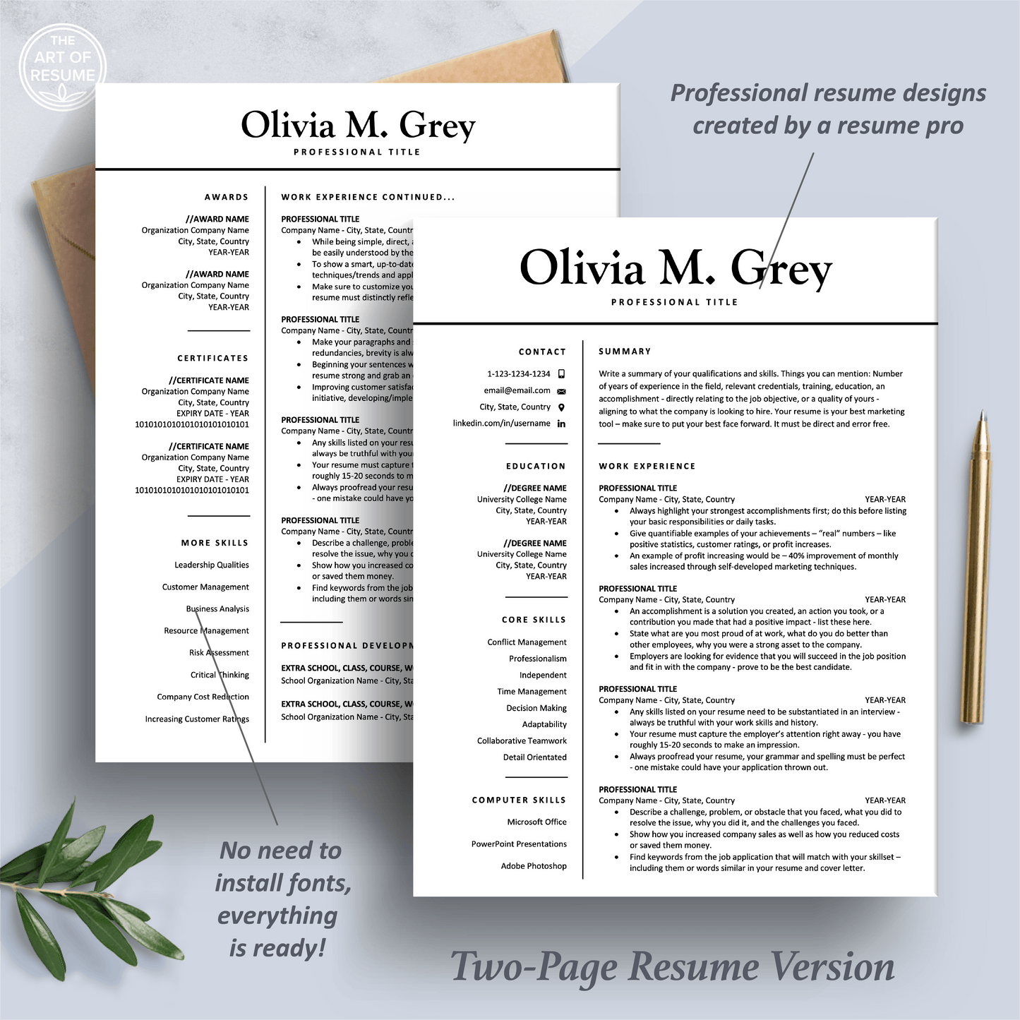 Professional Resume Design | Modern CV Printable | Resume Writing Guide - The Art of Resume
