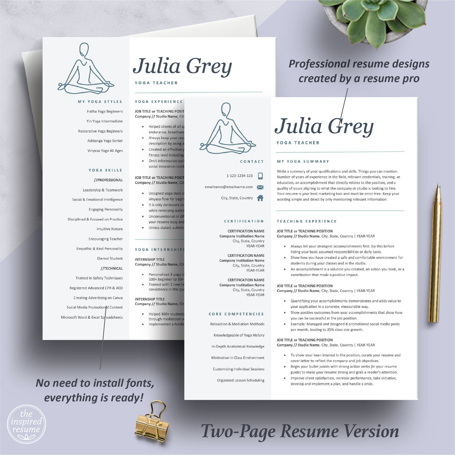 The Art of Resume Templates | Two Page Yoga Teacher, Yoga Instructor Resume CV Template | Curriculum Vitae