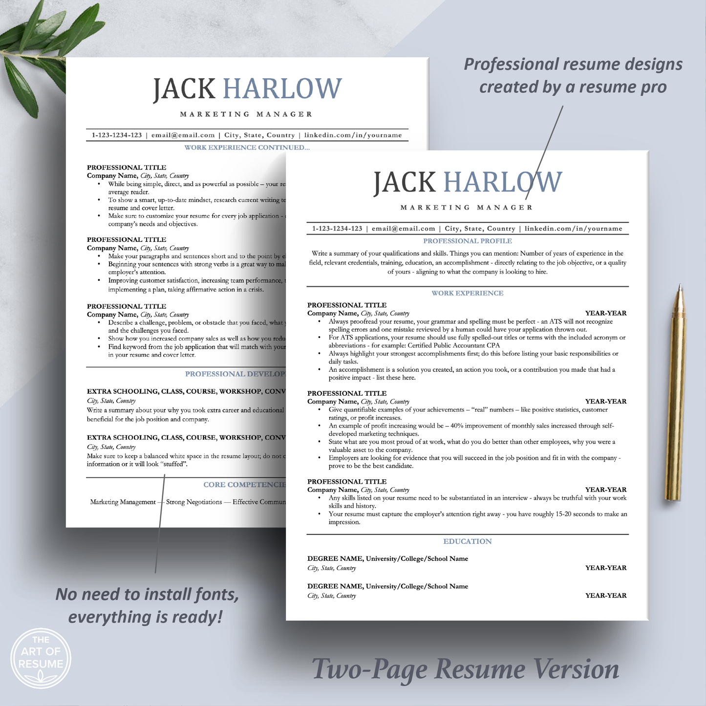 Professional ATS Resume CV Template | Applicant Tracking System Friendly | One-Column CV - The Art of Resume