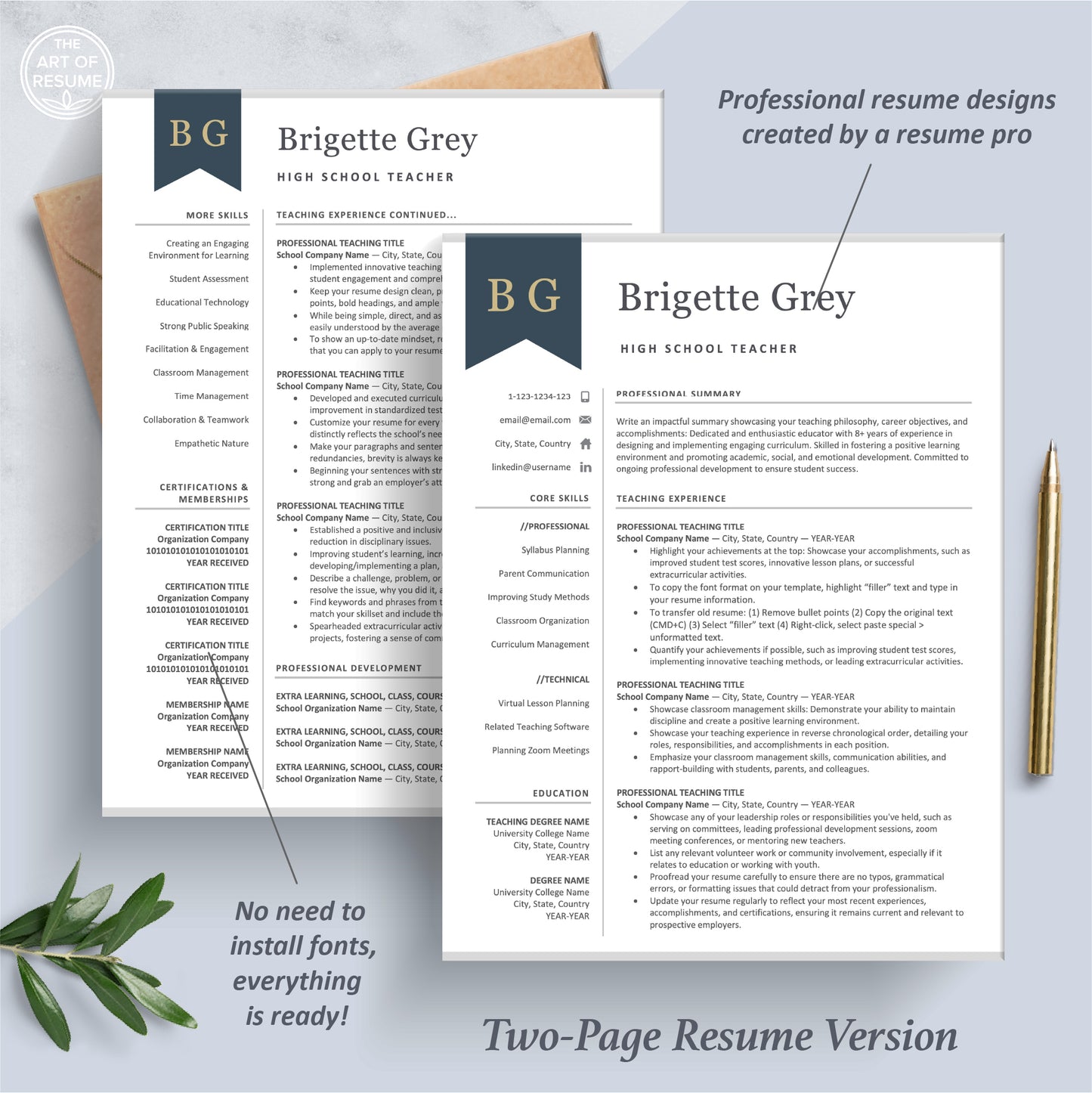 The Art of Resume Professional Navy Blue Teacher Resume Template Bundle | 2 Page Teaching Resume Format