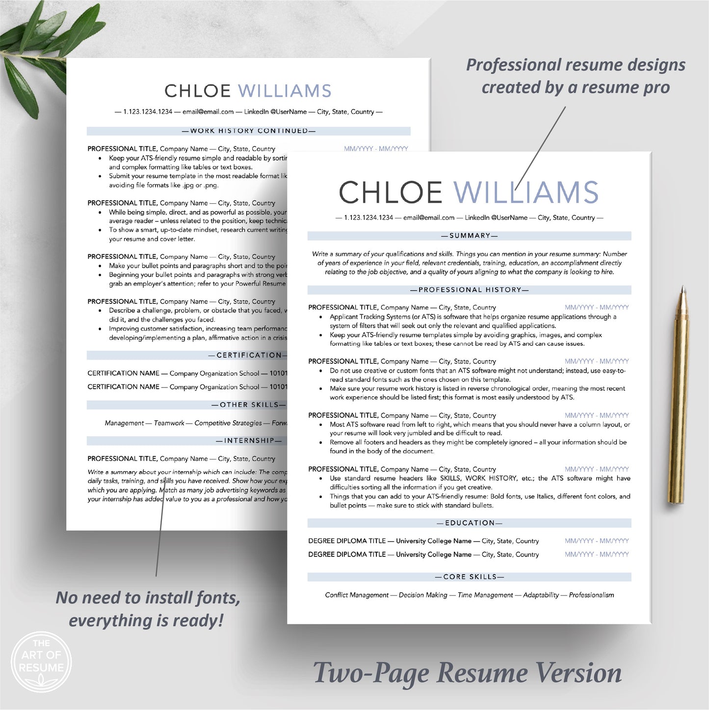 The Art of Resume Templates | Two Page ATS-Friendly Executive Resume CV Template | Curriculum Vitae