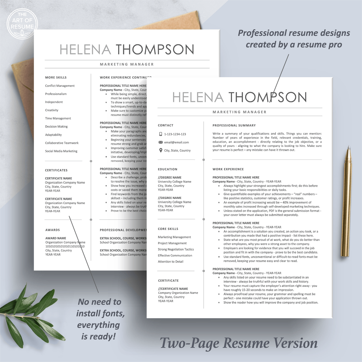 The Art of Resume Templates | Two Page Professional Simple Executive Resume CV Template | Curriculum Vitae