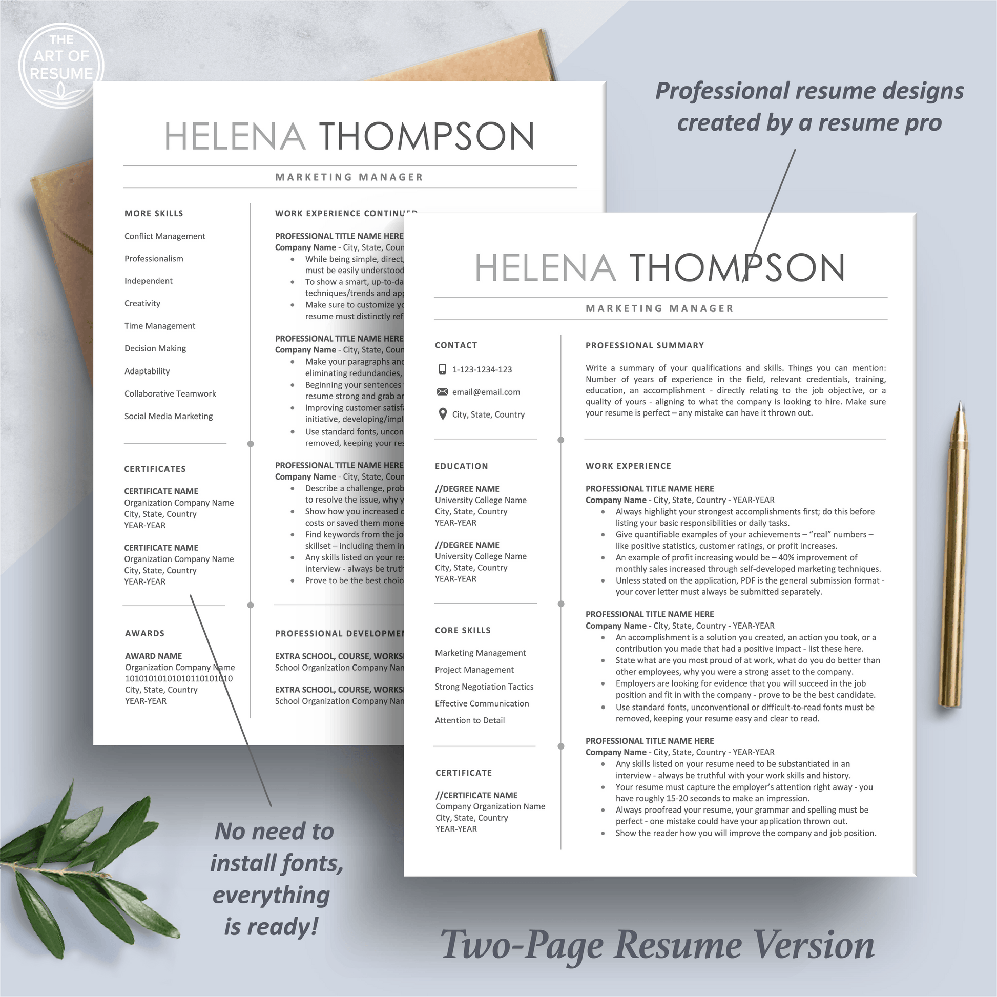 The Art of Resume Templates | Two Page Professional Simple Executive Resume CV Template | Curriculum Vitae