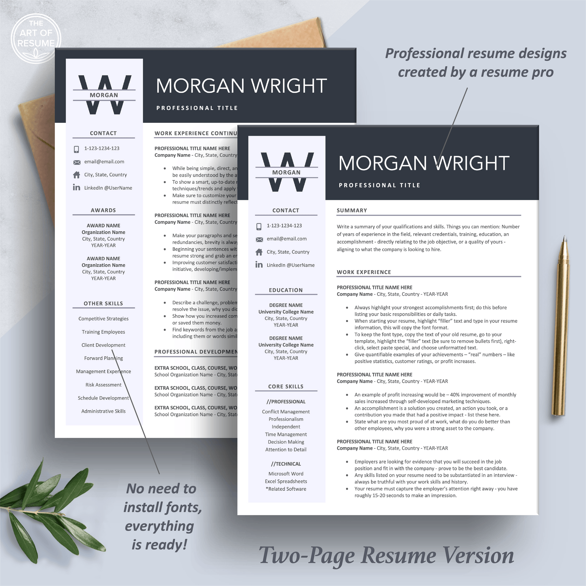 The Art of Resume Templates | Two Page Professional Simple Executive Resume CV Template | Curriculum Vitae