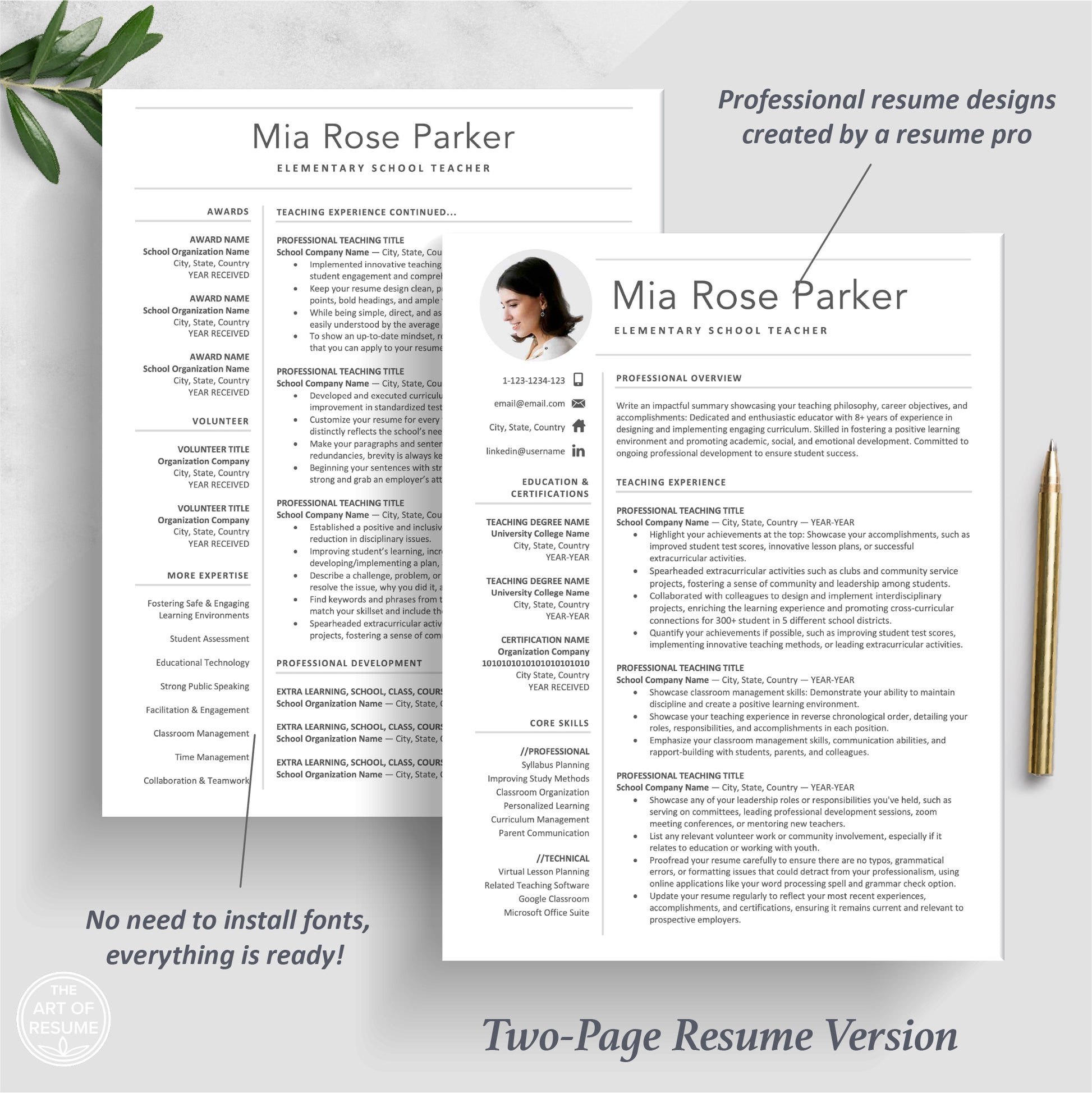 The Art of Resume | Teacher Resume, Teaching CV Template Design Bundle | 2 Page Resume