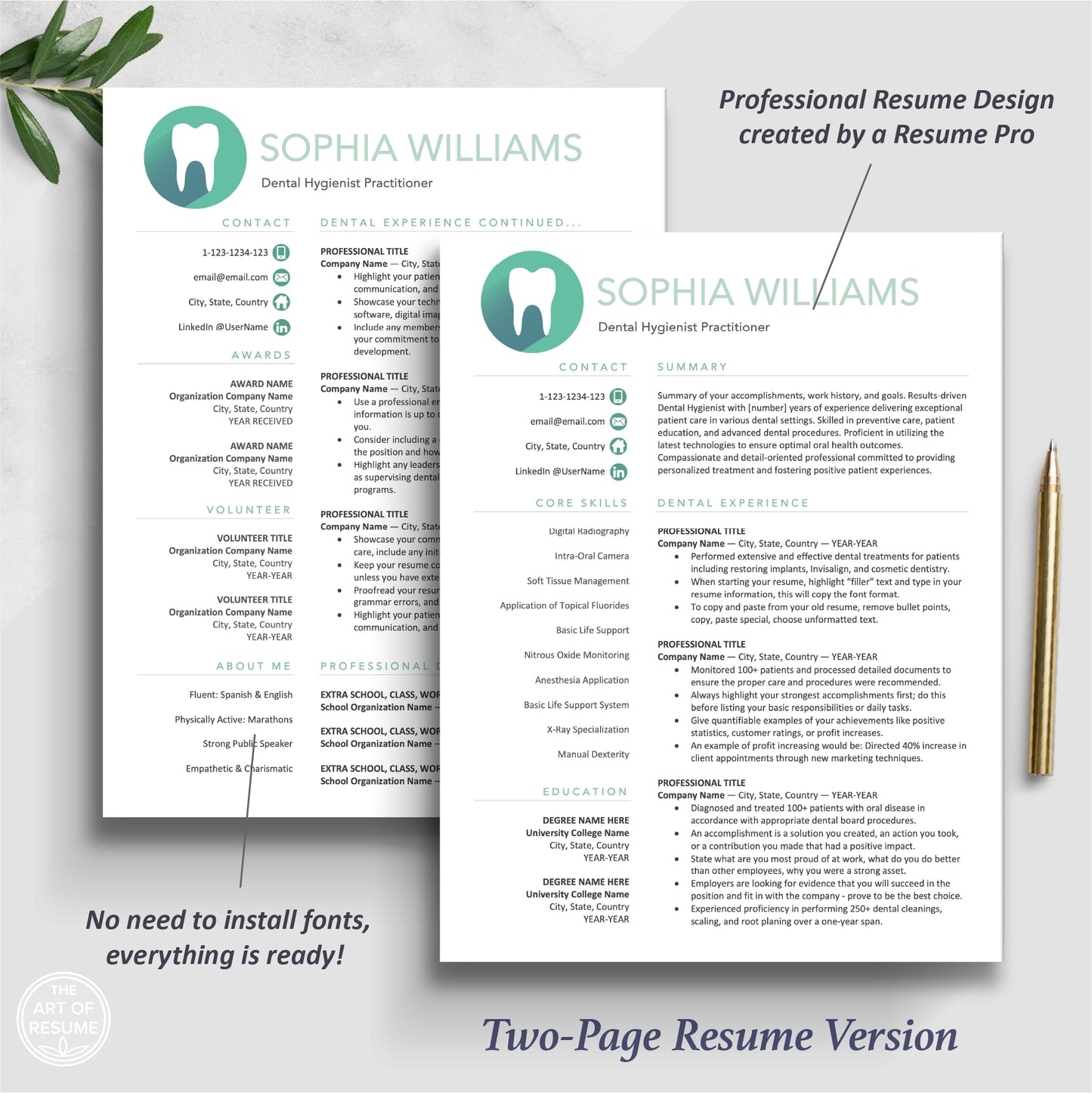 The Art of Resume | Dental Hygienist Dentist Resume CV Template Design Bundle Teal | 2 Page Resume Format