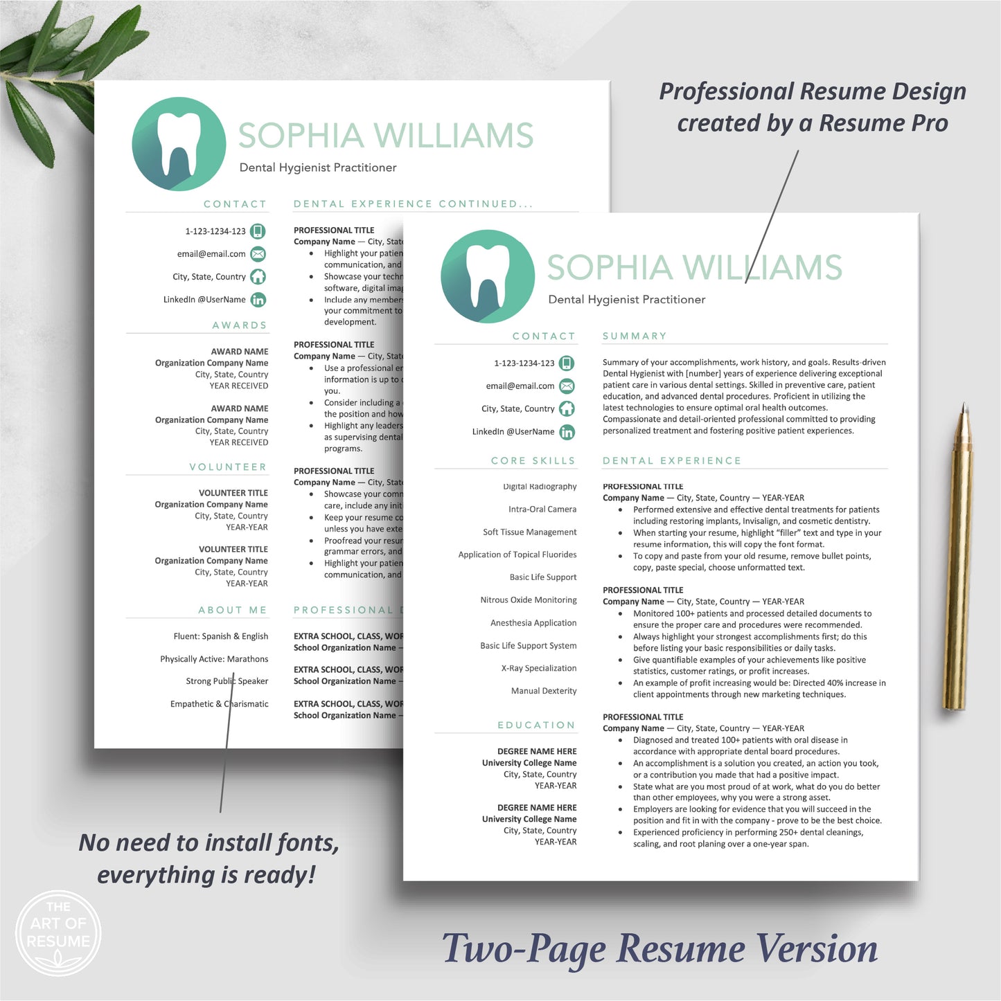 The Art of Resume | Dental Hygienist Dentist Resume CV Template Design Bundle Teal | 2 Page Resume Format 
