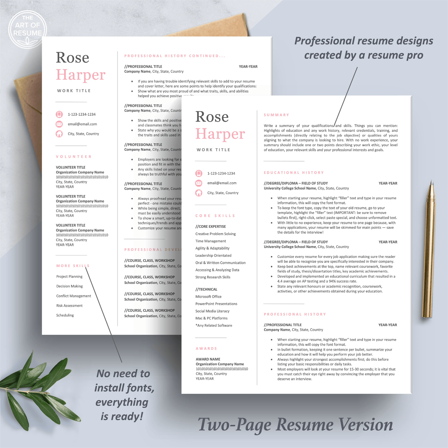 The Art of Resume Templates | Two Page Student Graduate Executive Resume CV Template | Curriculum Vitae