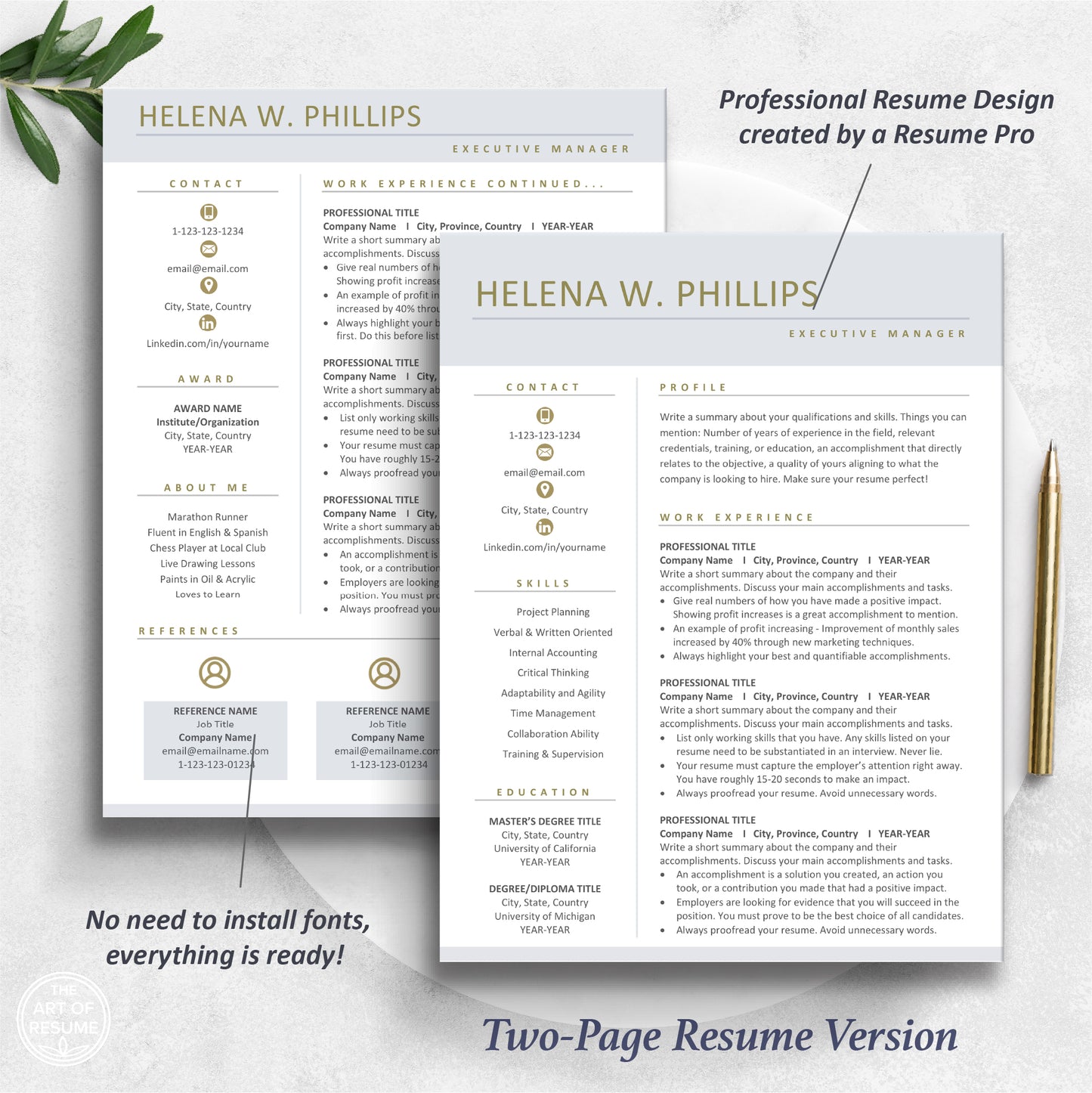 The Art of Resume Templates | Two Page Executive C Suite Level Resume CV Template | Curriculum Vitae