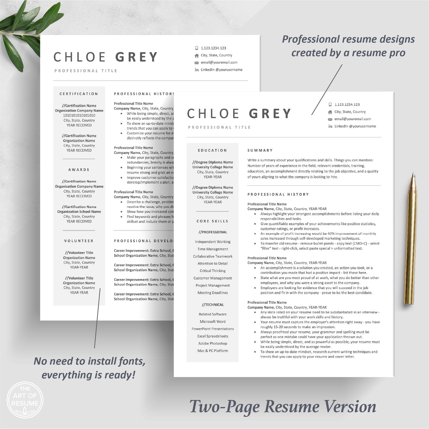 The Art of Resume | Professional Minimalist Resume CV Template Design Bundle | Two Page Resume Format