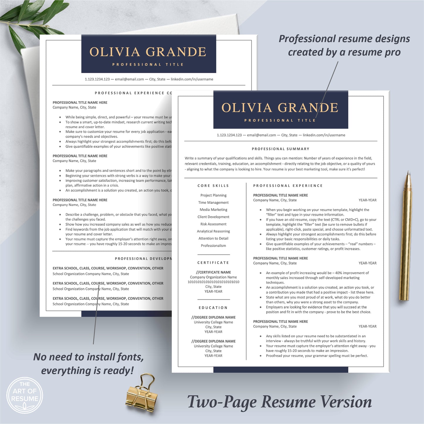 The Art of Resume Templates | Two Page Executive C Suite Levele Resume CV Template | Curriculum Vitae